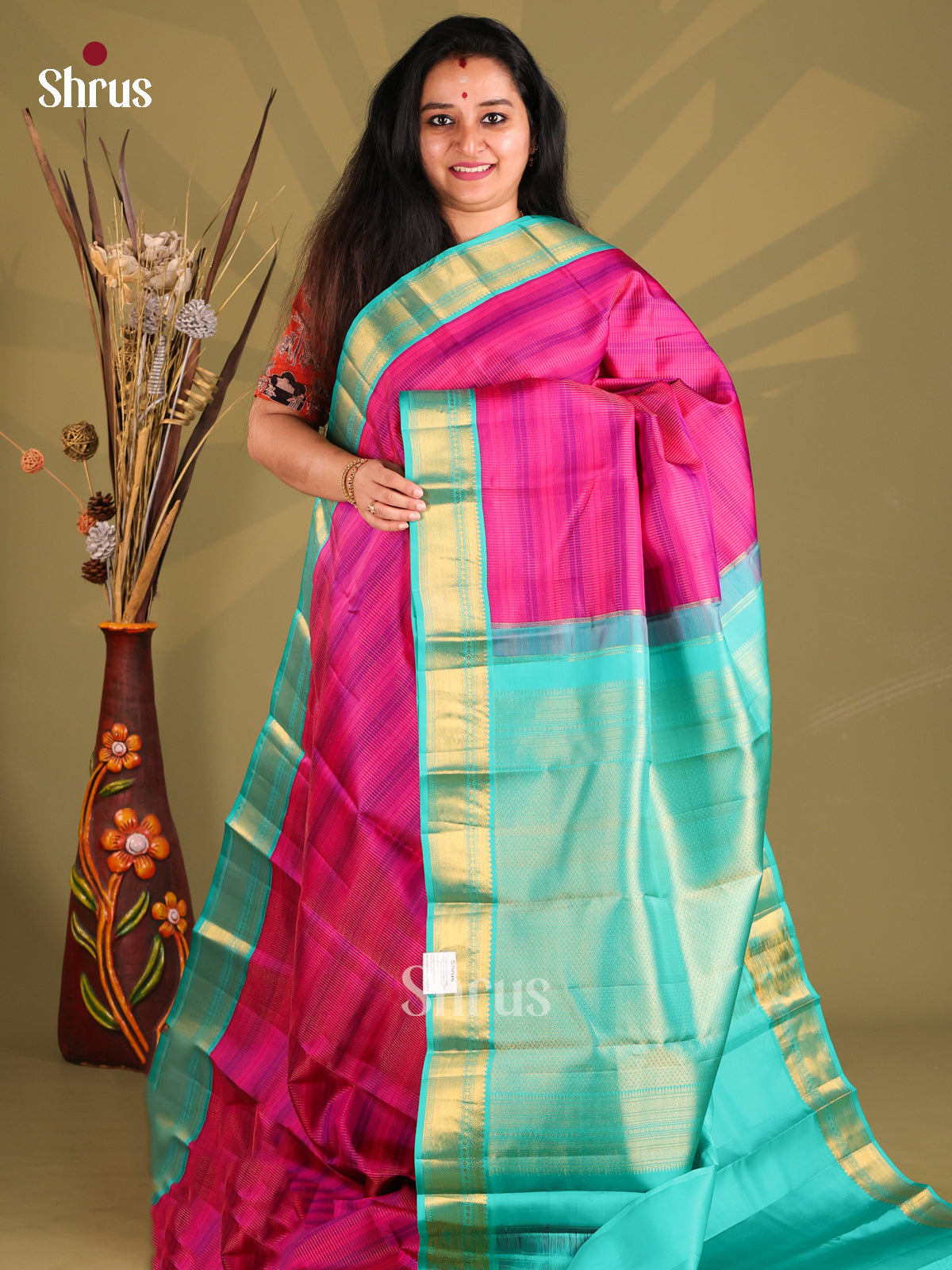 Elegant Purple & Teal Kanchipuram silk Saree with stripes pattern