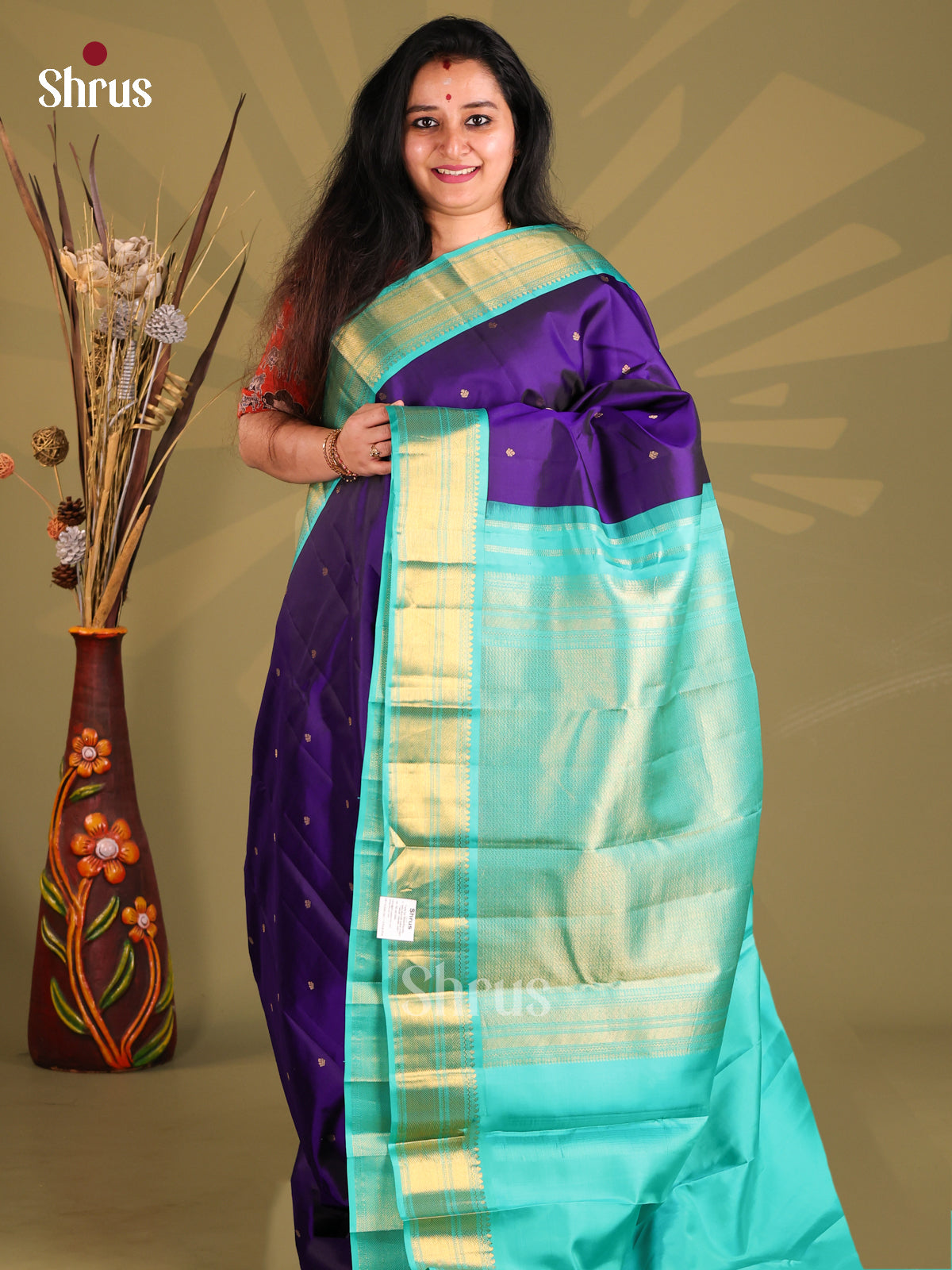 Violet & Teal Kanchipuram silk Saree with gold zari micro buttas