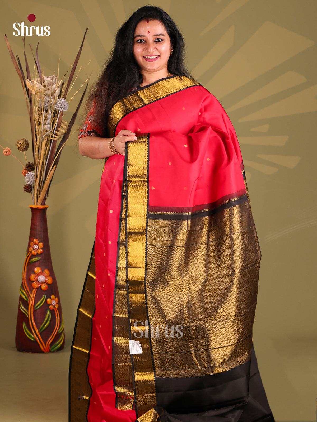Stunning Red & Black Kanchipuram silk Saree with traditional zari border-1