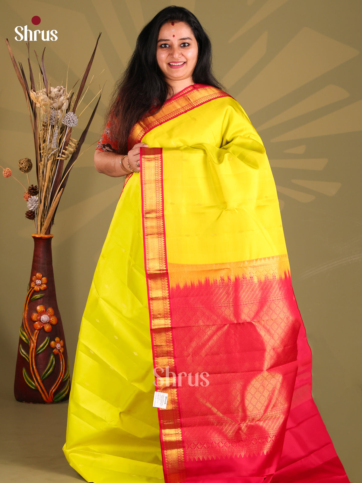 Stunning Lime Green Kanchipuram silk Saree with contrast Red Zari Brocade Pallu-1