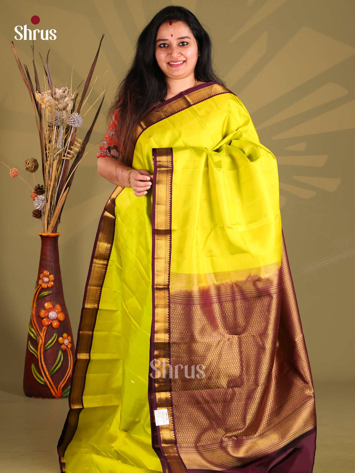 Lime Green & Dark Purple Kanchipuram silk Saree with small zari border