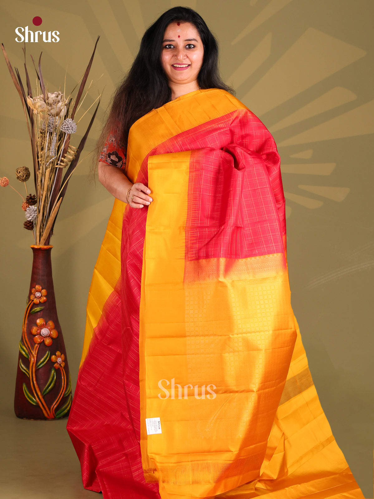 Charming Pink & Yellow Kanchipuram silk Saree with zari checks-1