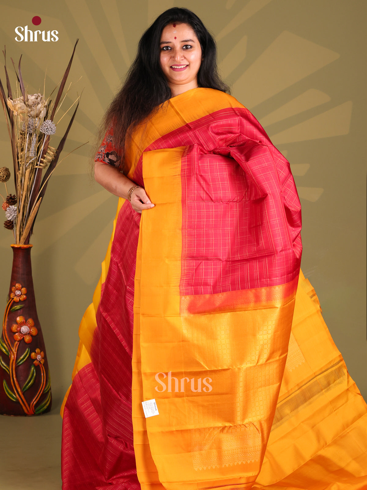 Red & Mustard Kanchipuram silk Saree with zari checks-1