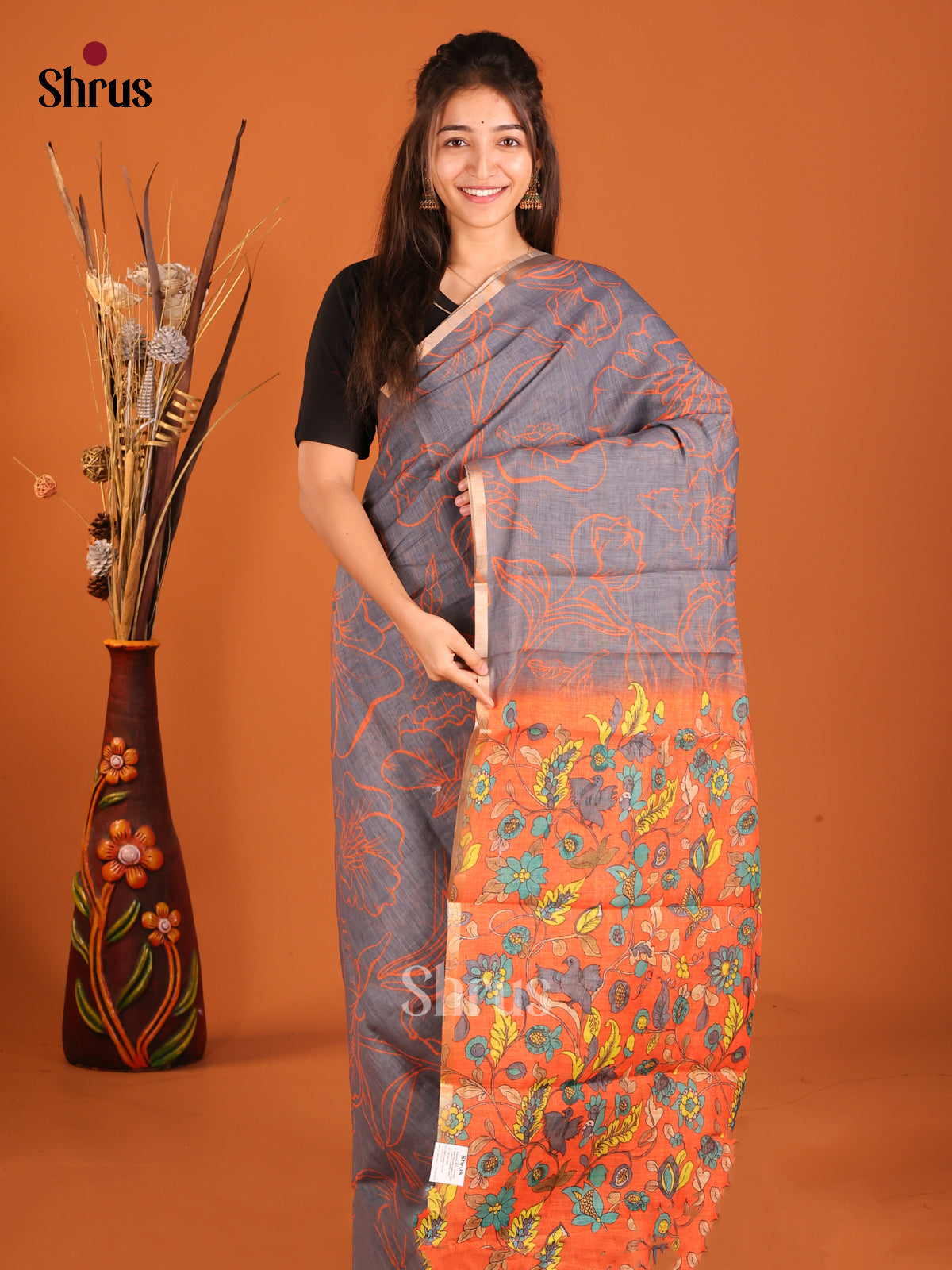 Grey & Orange - Linen Cotton Saree - Shop on Shrus.com
