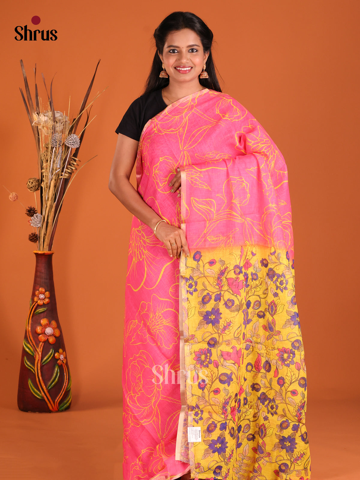 Pink & Yellow - Linen Cotton Saree - Shop on Shrus.com