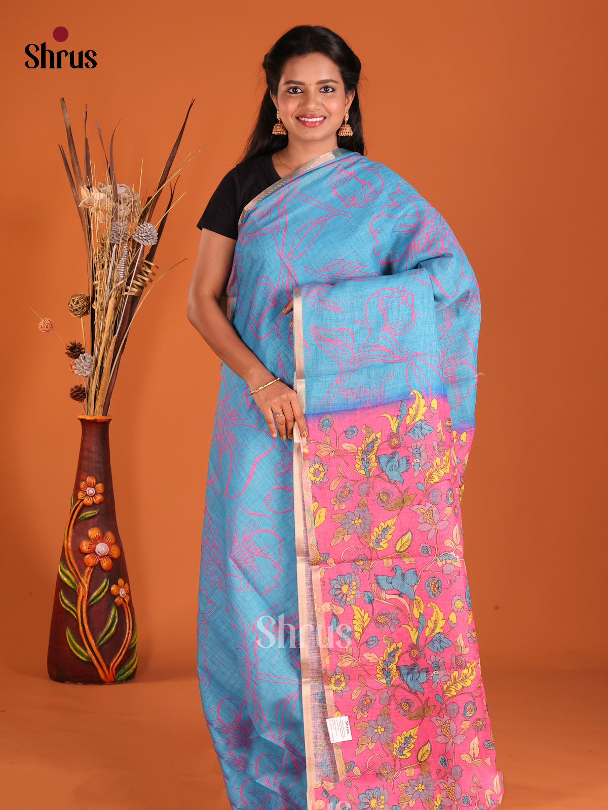 Blue & Pink - Linen Cotton Saree