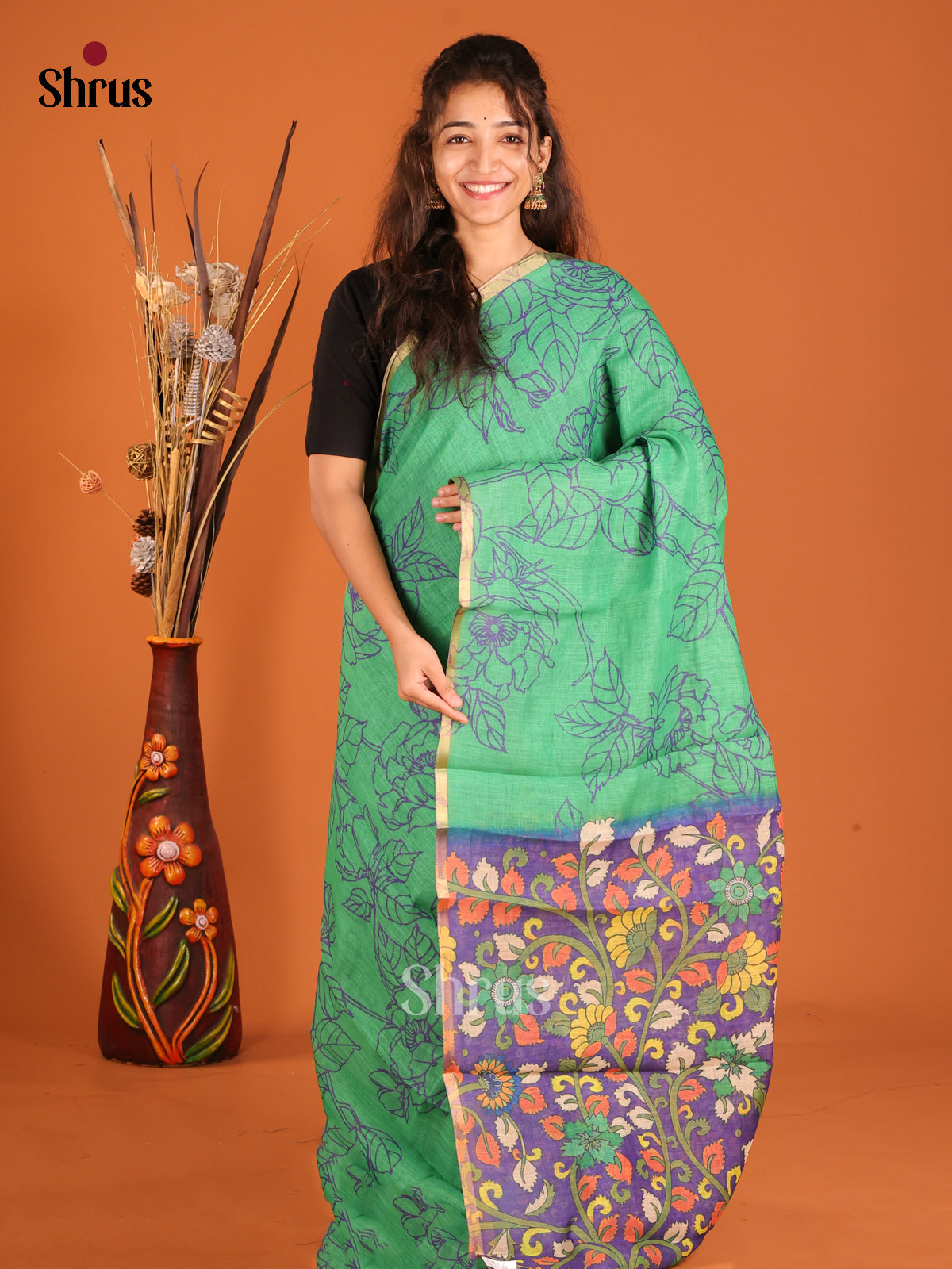 Green & Purple - Linen Cotton Saree - Shop on Shrus.com