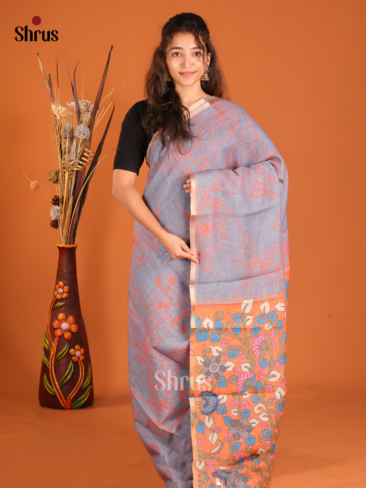 Grey & Orange - Linen Cotton Saree - Shop on Shrus.com