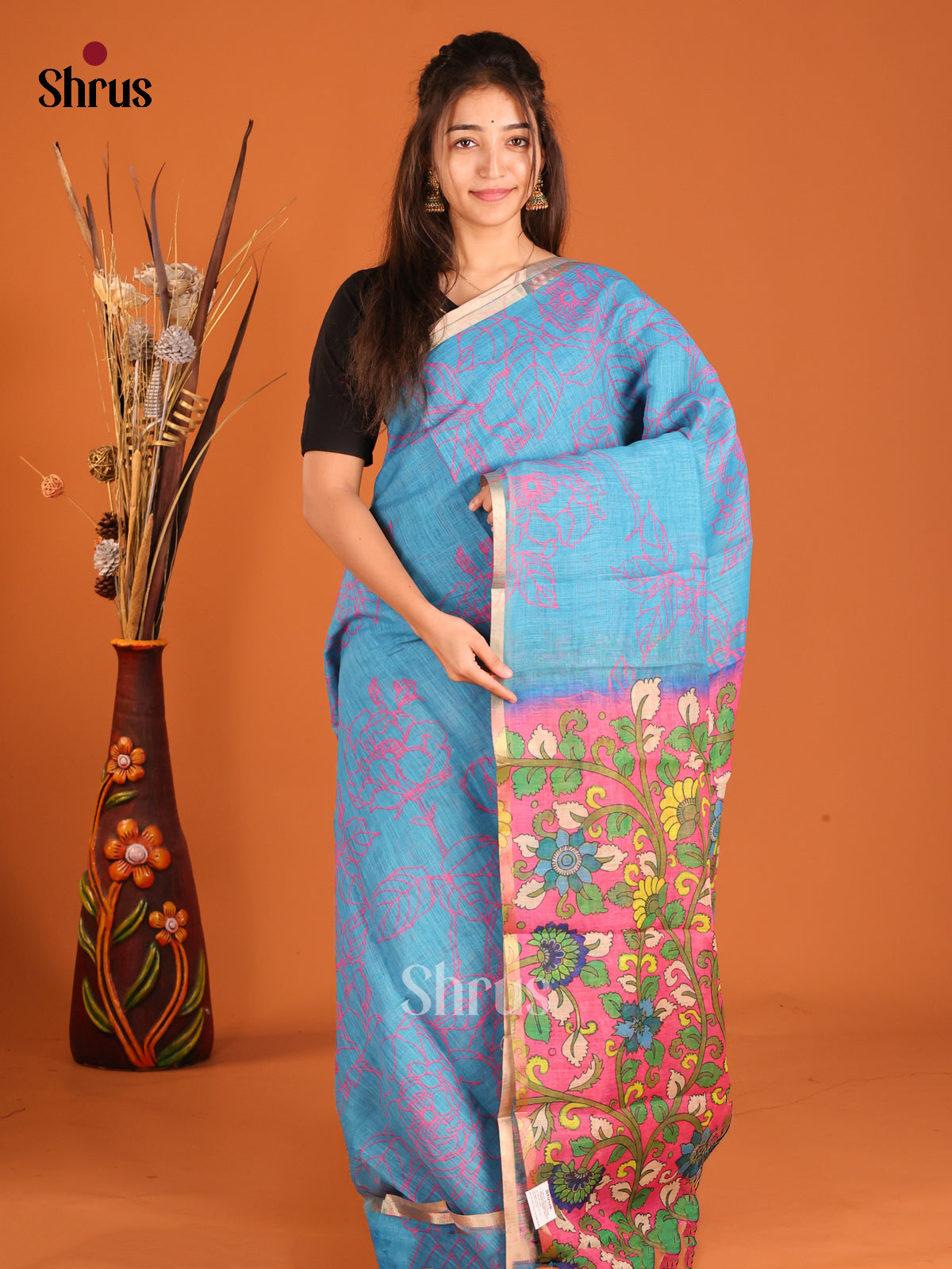 Blue & Pink - Linen Cotton Saree