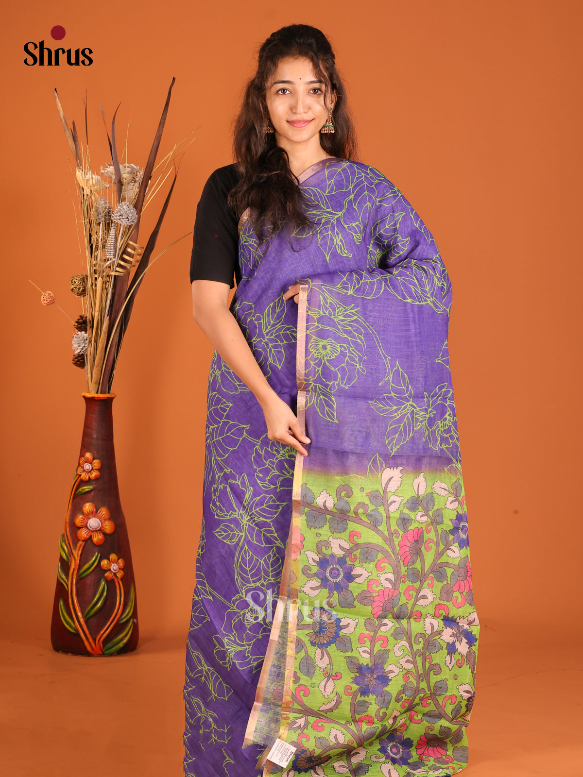 Purple & Green - Linen Cotton Saree - Shop on Shrus.com