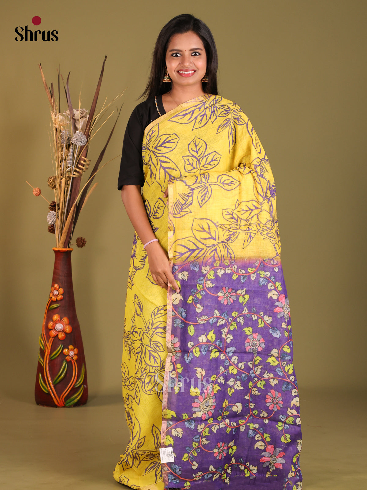 Yellow & Violet - Linen Cotton Saree - Shop on Shrus.com