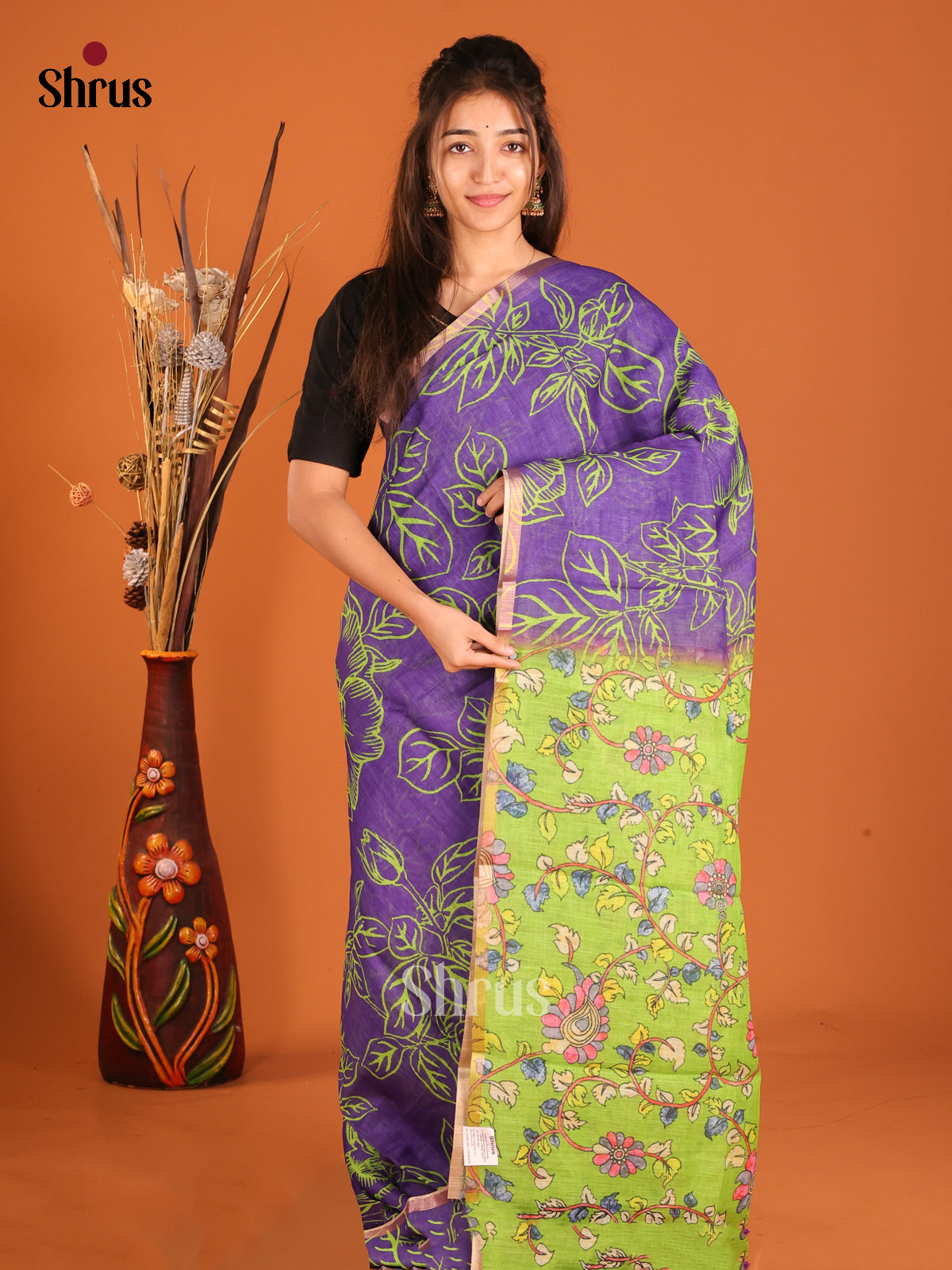 Purple & Green - Linen Cotton Saree - Shop on Shrus.com