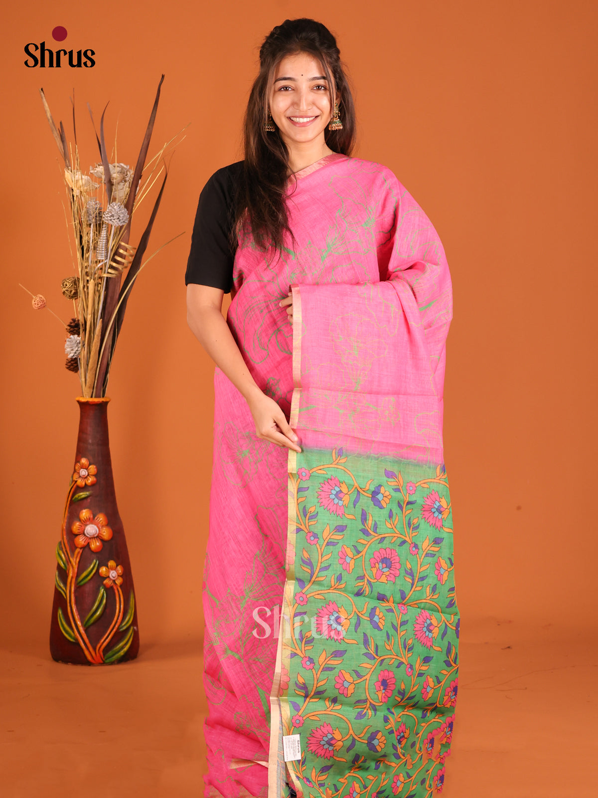 Pink & Green - Linen Cotton Saree - Shop on Shrus.com