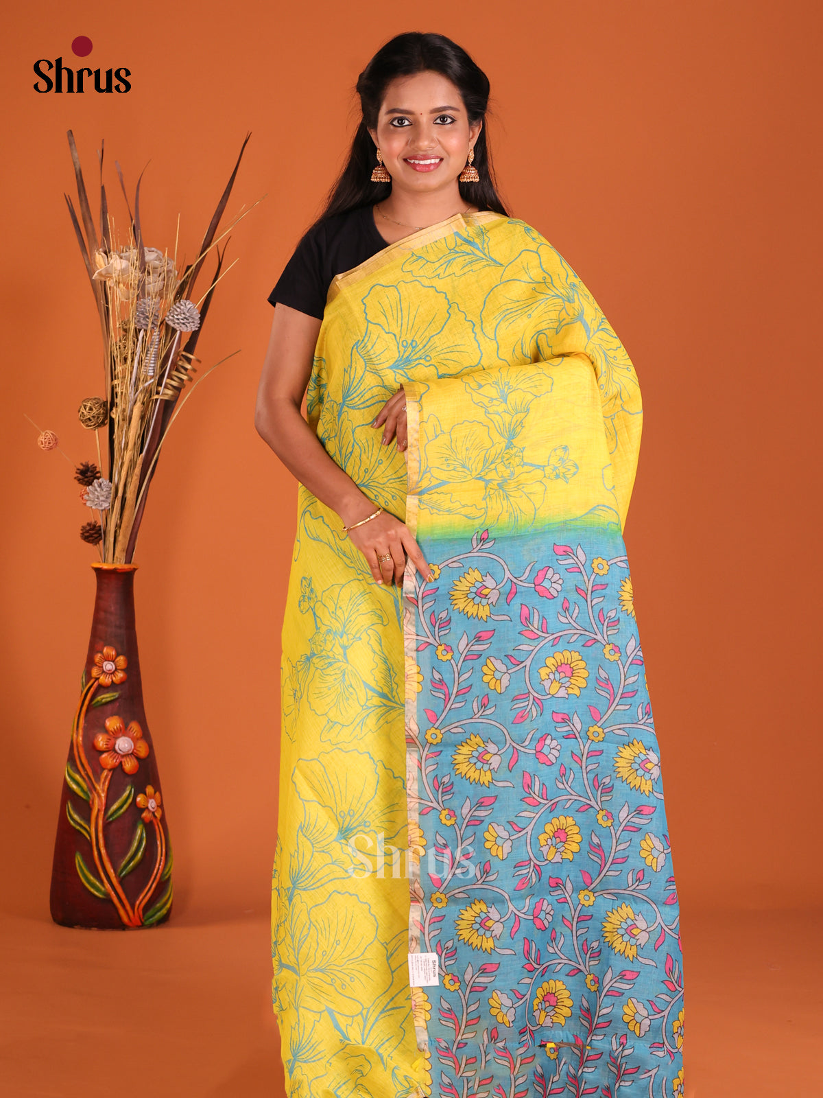 Yellow & Blue - Linen Cotton Saree
