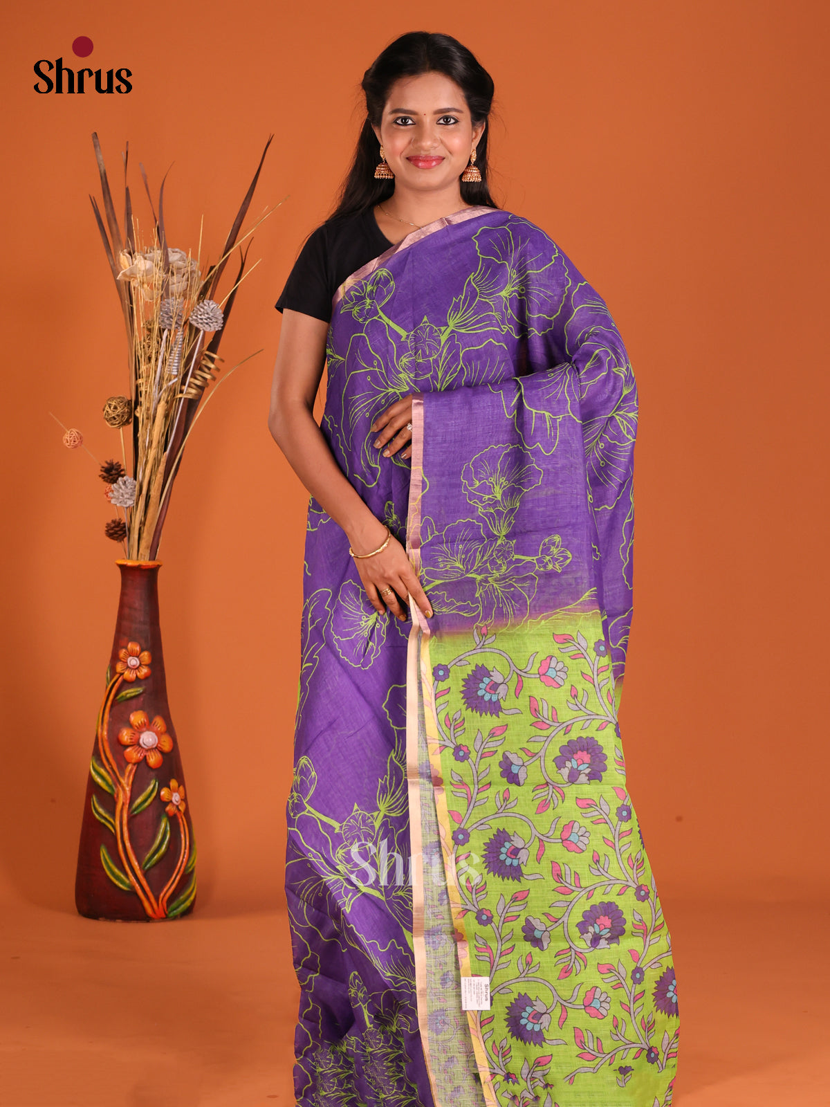 Purple & Green - Linen Cotton Saree - Shop on Shrus.com