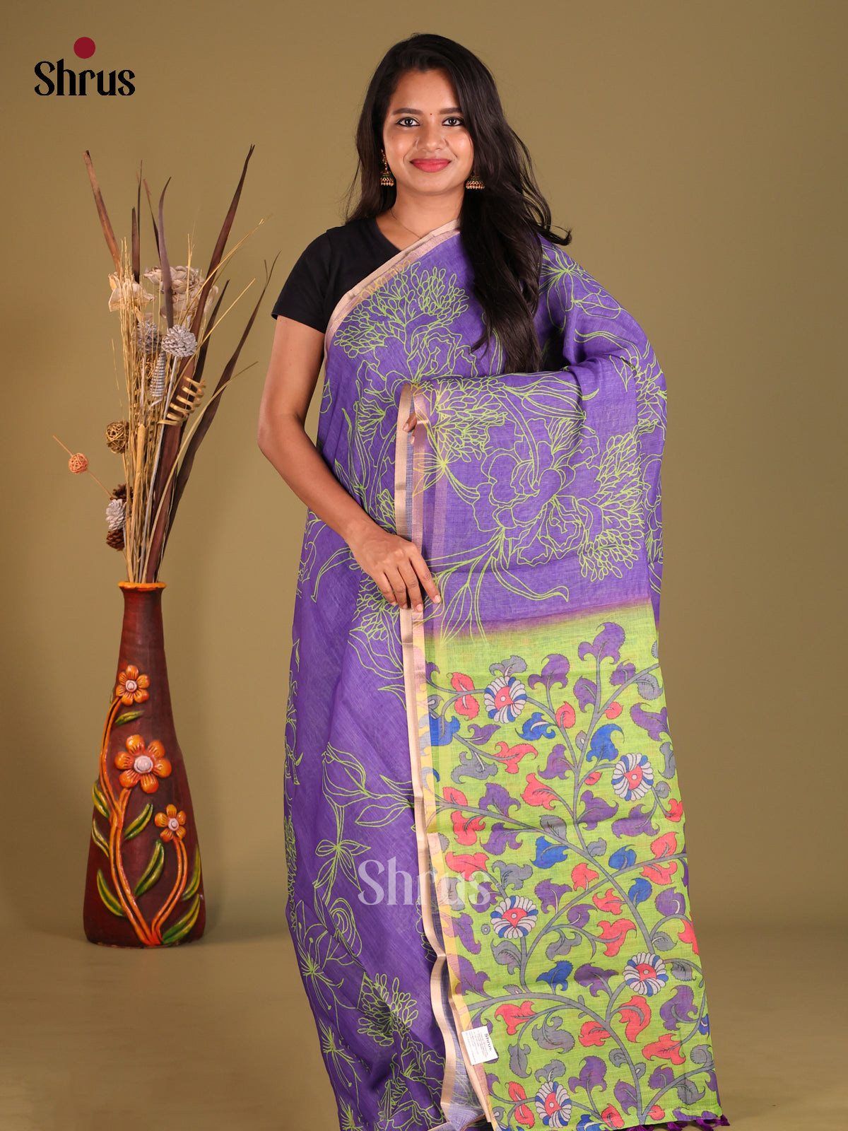 Purple & Green- Linen Cotton Saree
