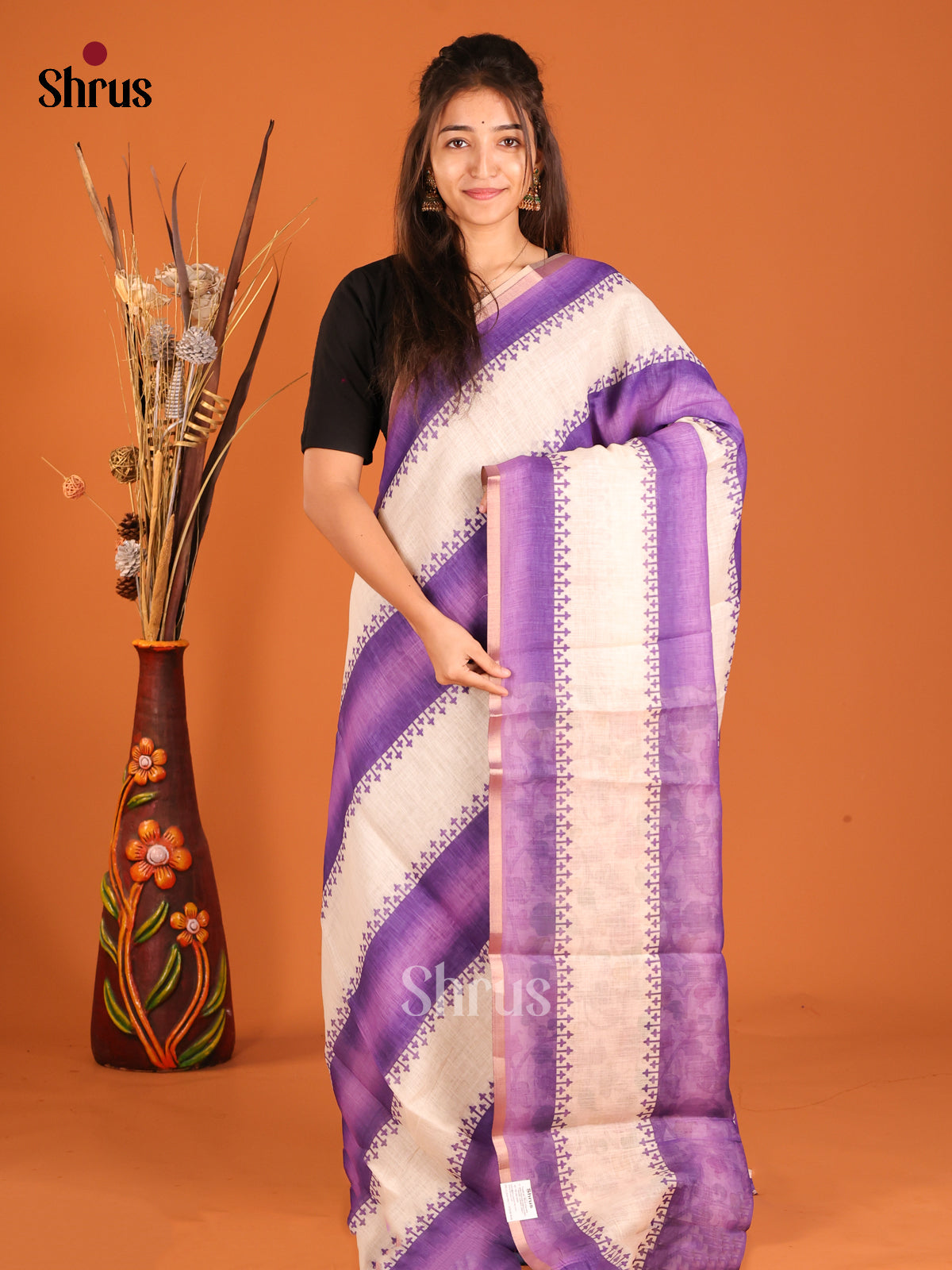 Cream & Purple - Linen Cotton Saree - Shop on Shrus.com