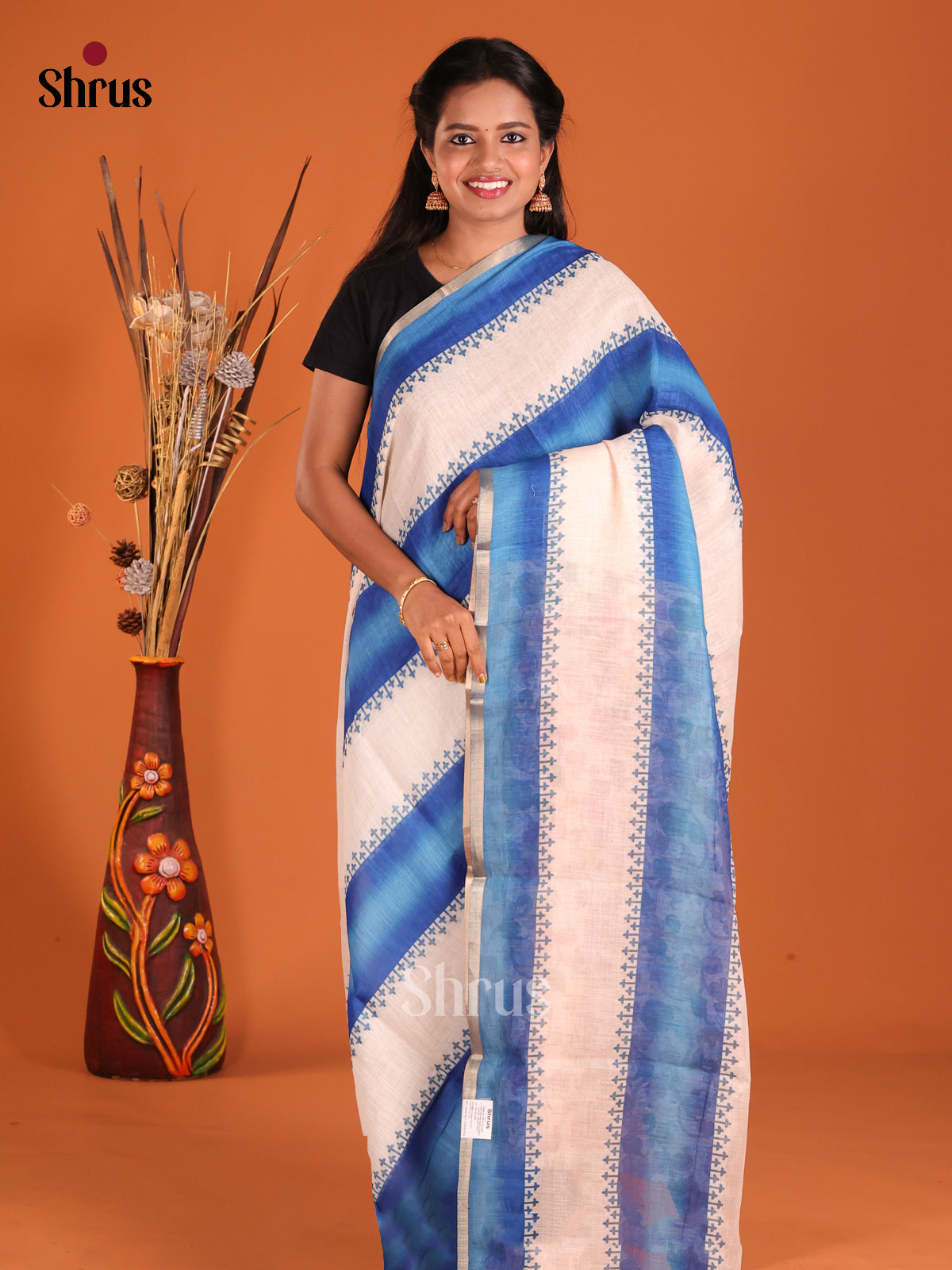 Cream & Blue - Linen Cotton Saree