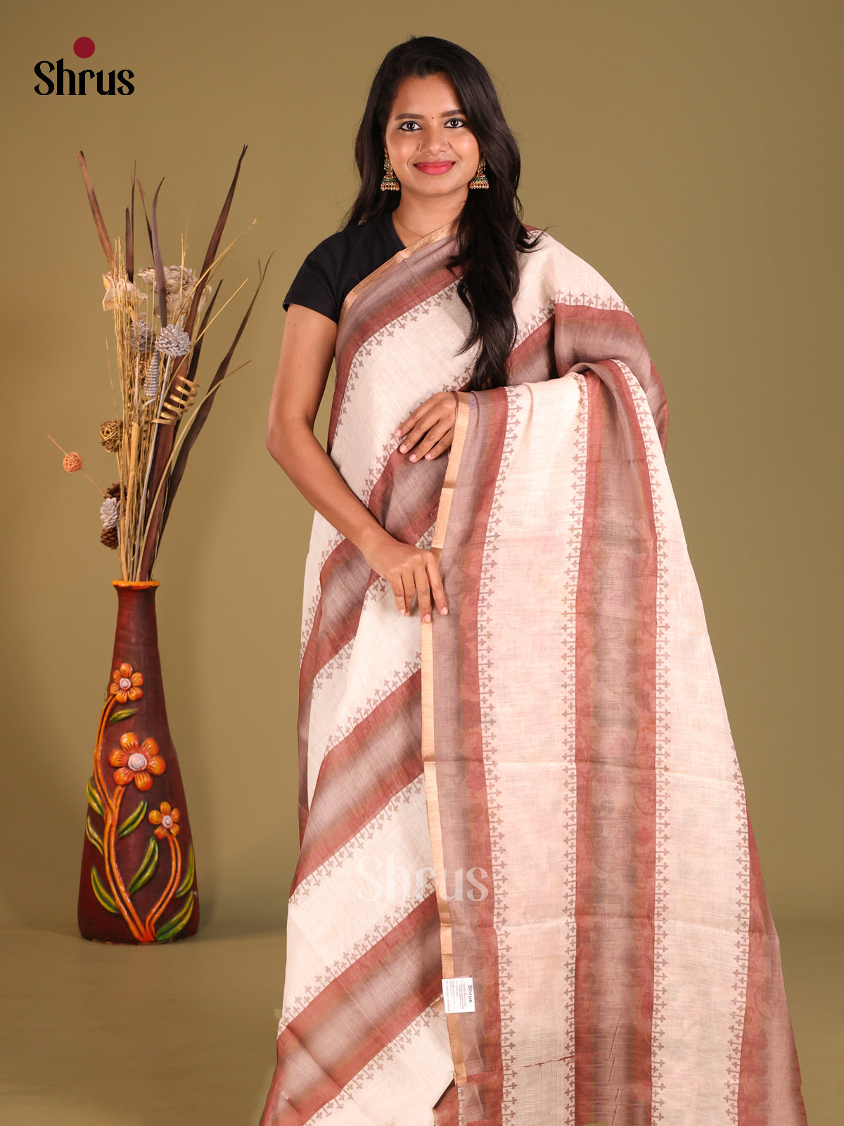 Cream & Brown - Linen Cotton Saree