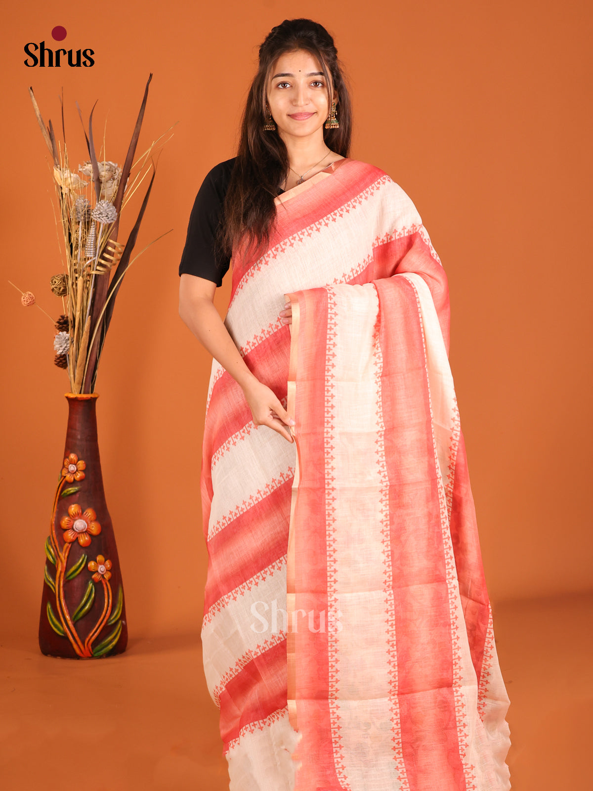 Cream & Red- Linen Cotton Saree
