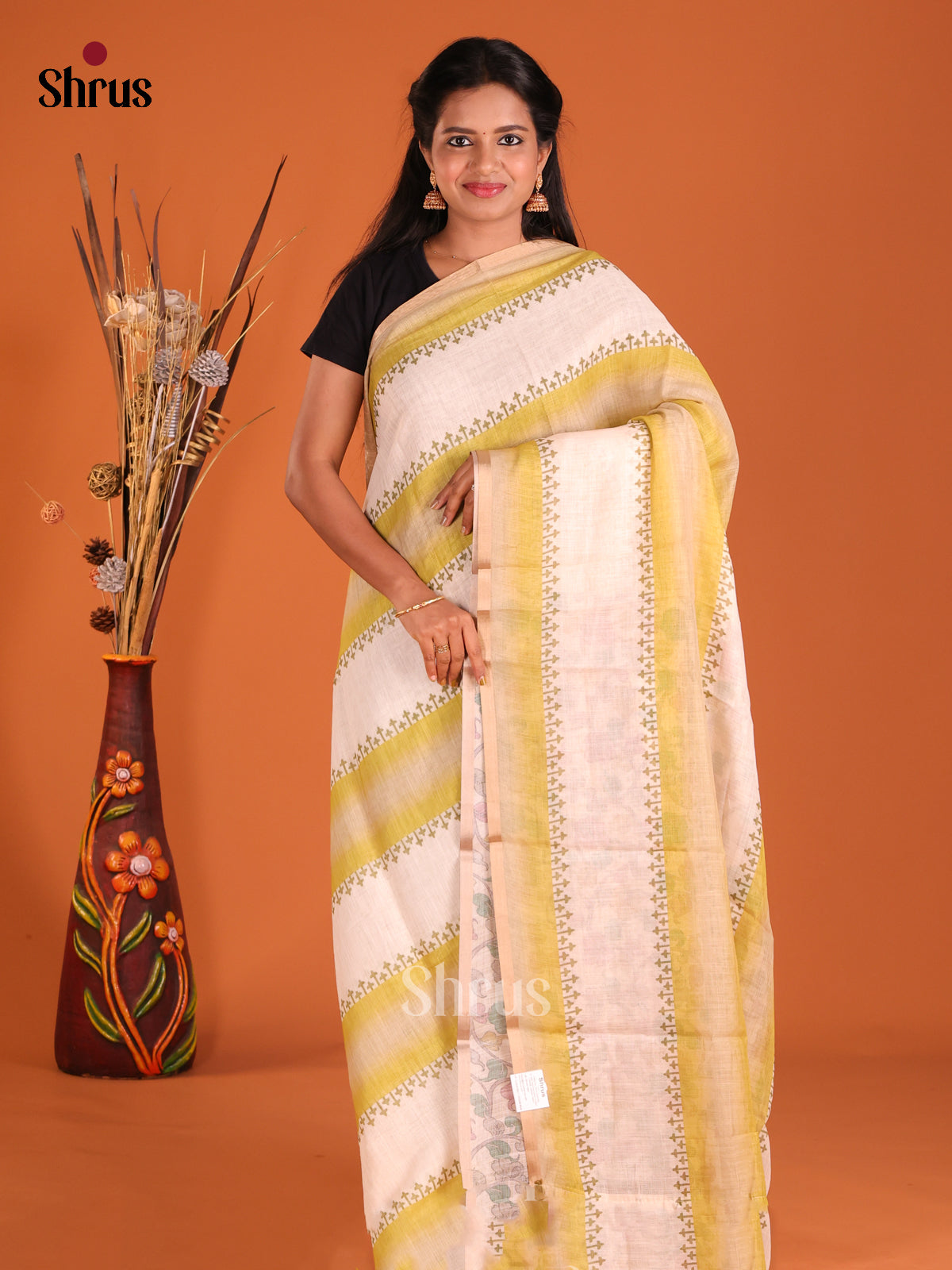 Cream & Green - Linen Cotton Saree