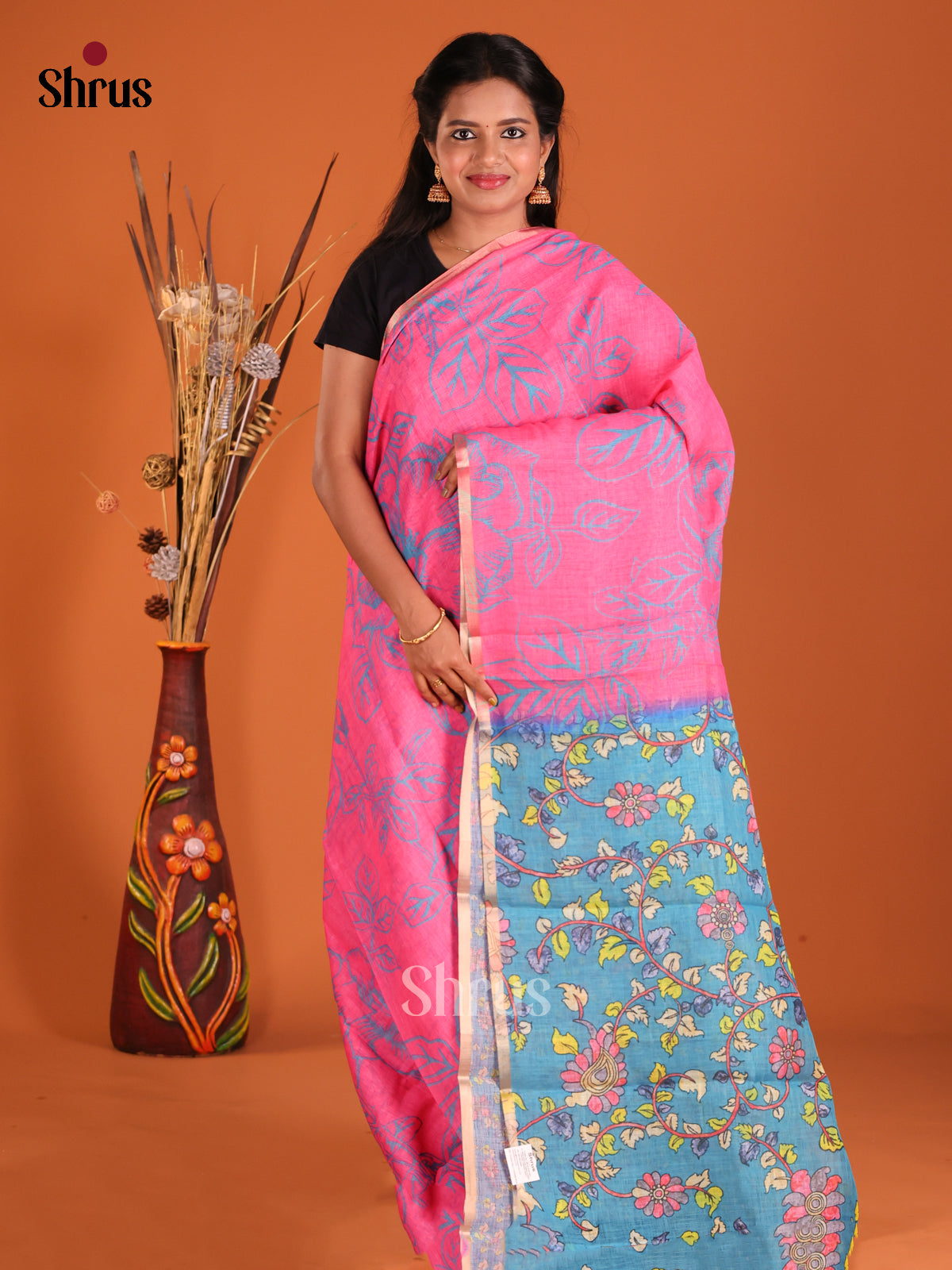 Pink & Blue - Linen Cotton Saree - Shop on Shrus.com