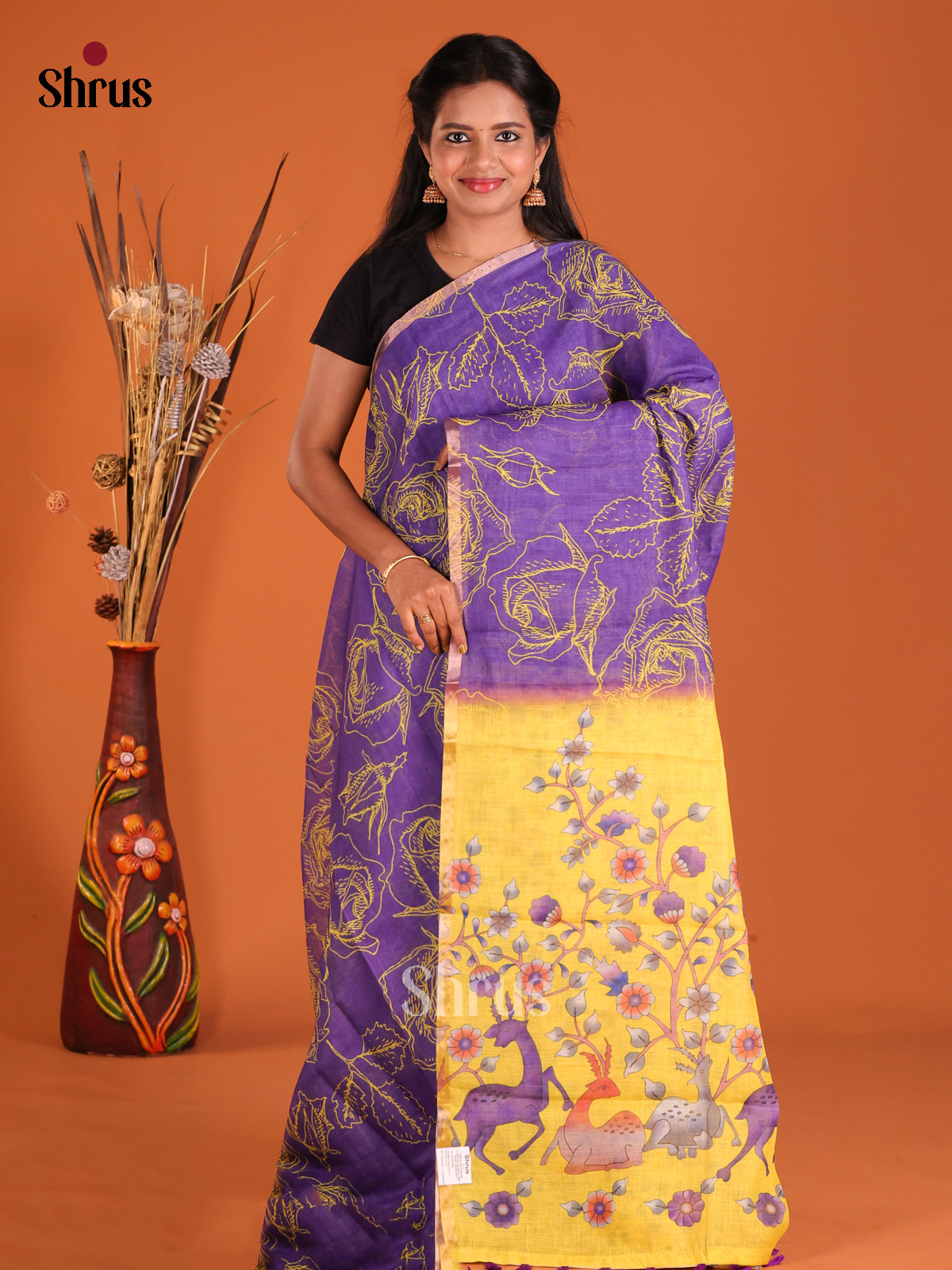 Purple & Yellow - Linen Cotton Saree - Shop on Shrus.com