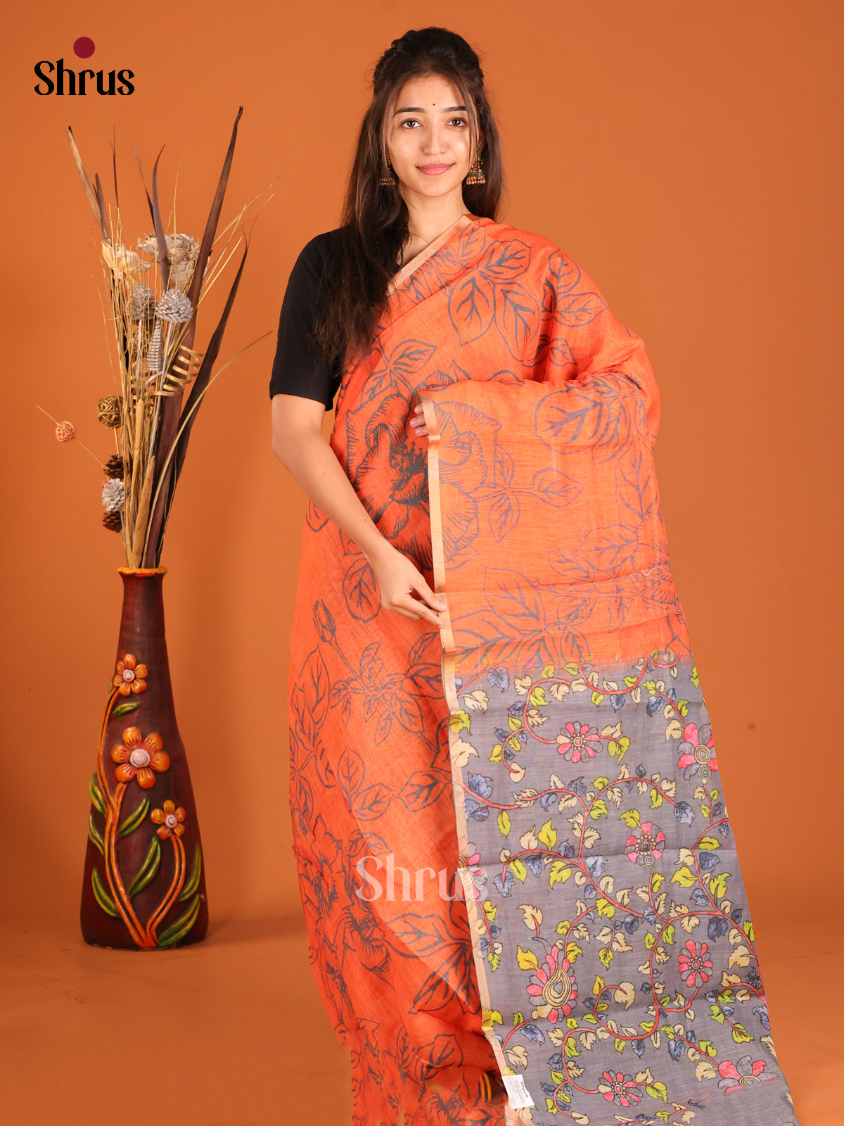 Orange & Grey - Linen Cotton Saree - Shop on Shrus.com