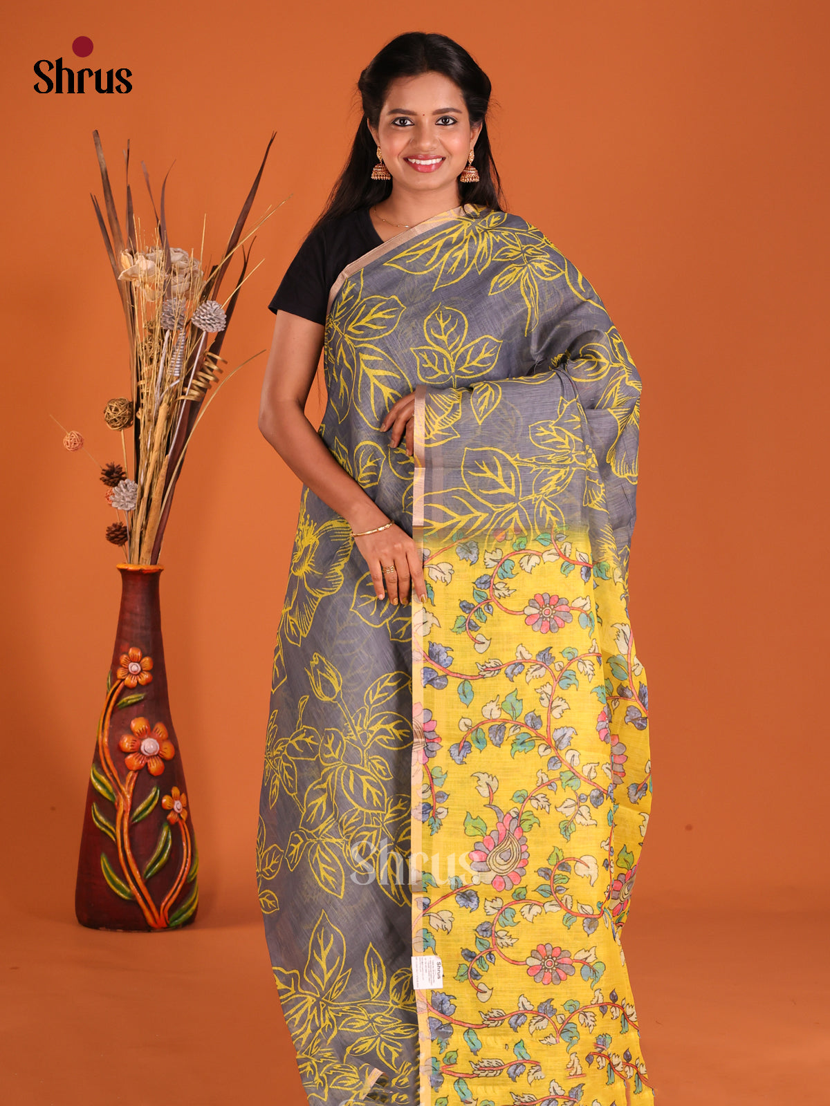 Grey & Yellow - Linen Cotton Saree - Shop on Shrus.com