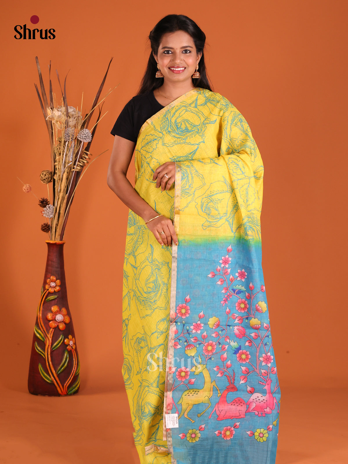 Yellow & Blue - Linen Cotton Saree - Shop on Shrus.com