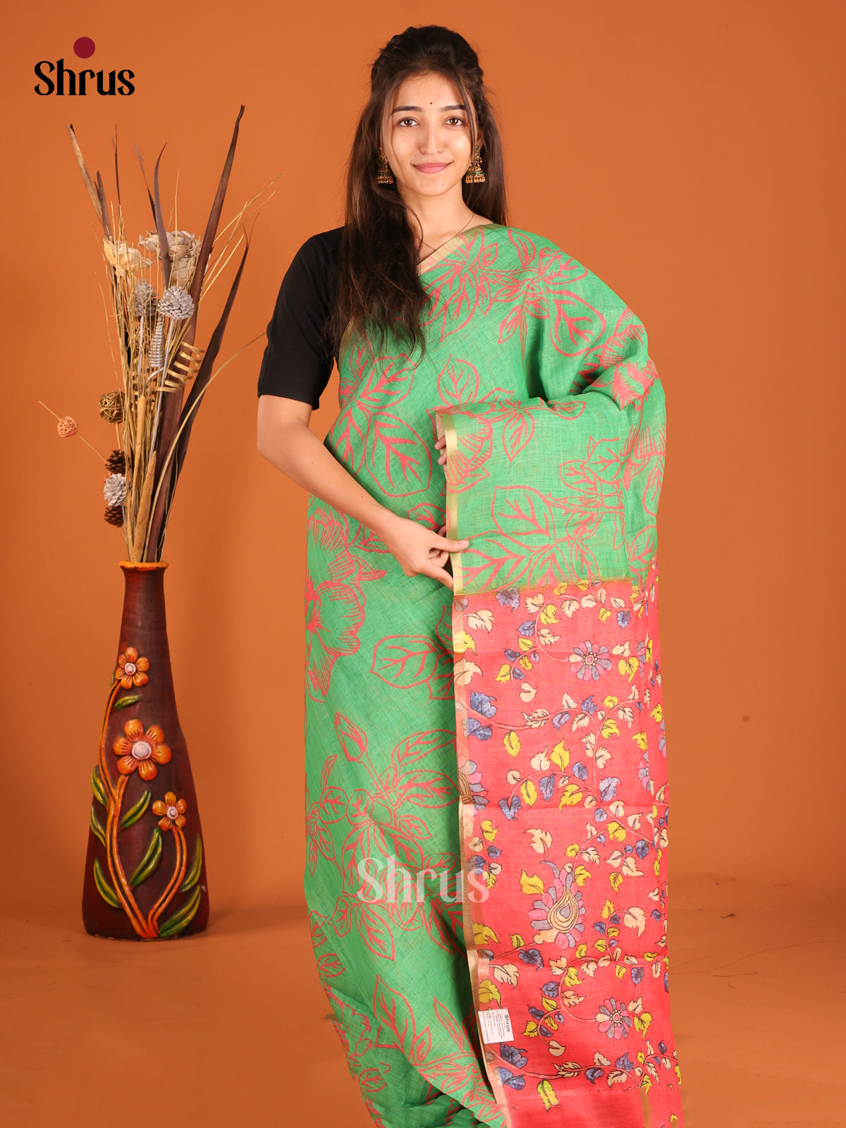 Green & Red - Linen Cotton Saree - Shop on Shrus.com