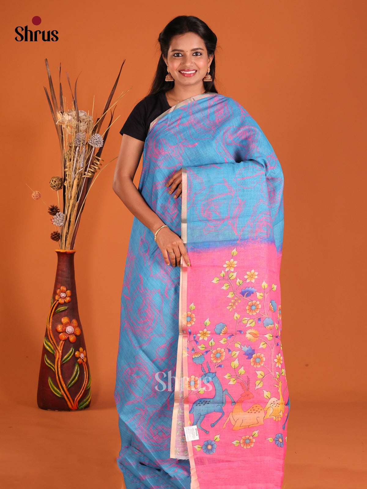 Blue & Pink - Linen Cotton Saree