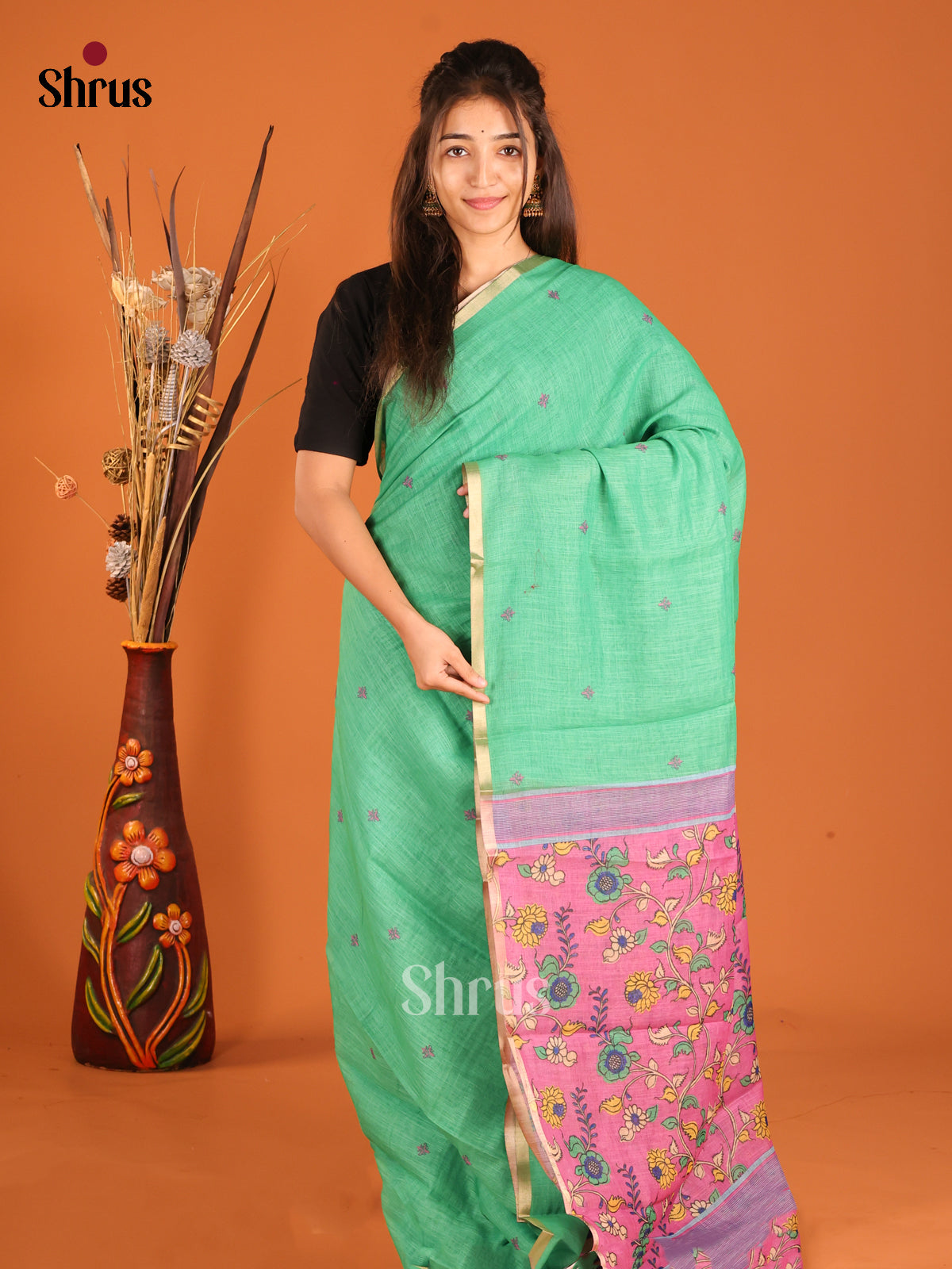 Green & Pink - Linen Cotton Saree - Shop on Shrus.com