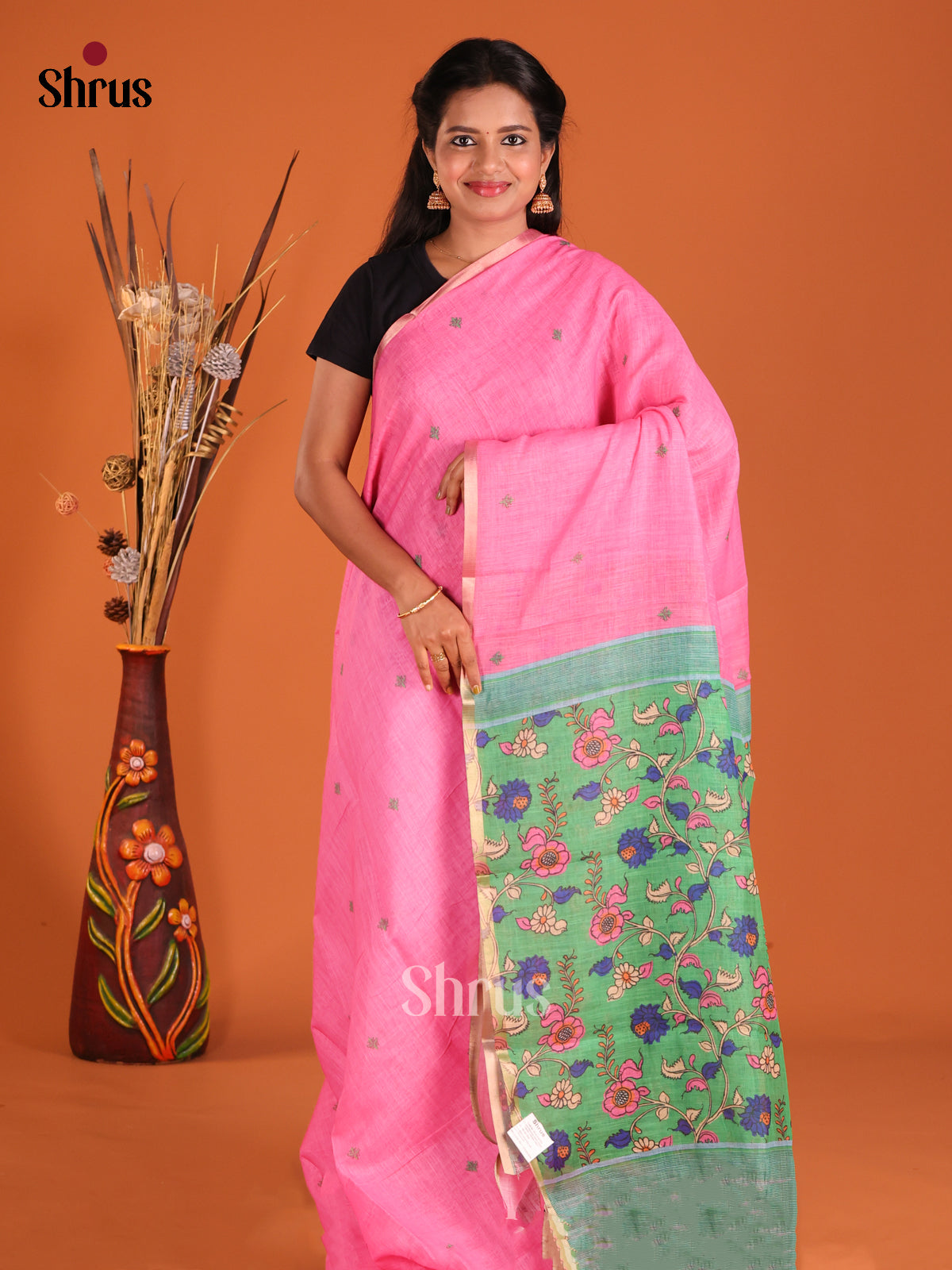 Pink & Green - Linen Cotton Saree - Shop on Shrus.com