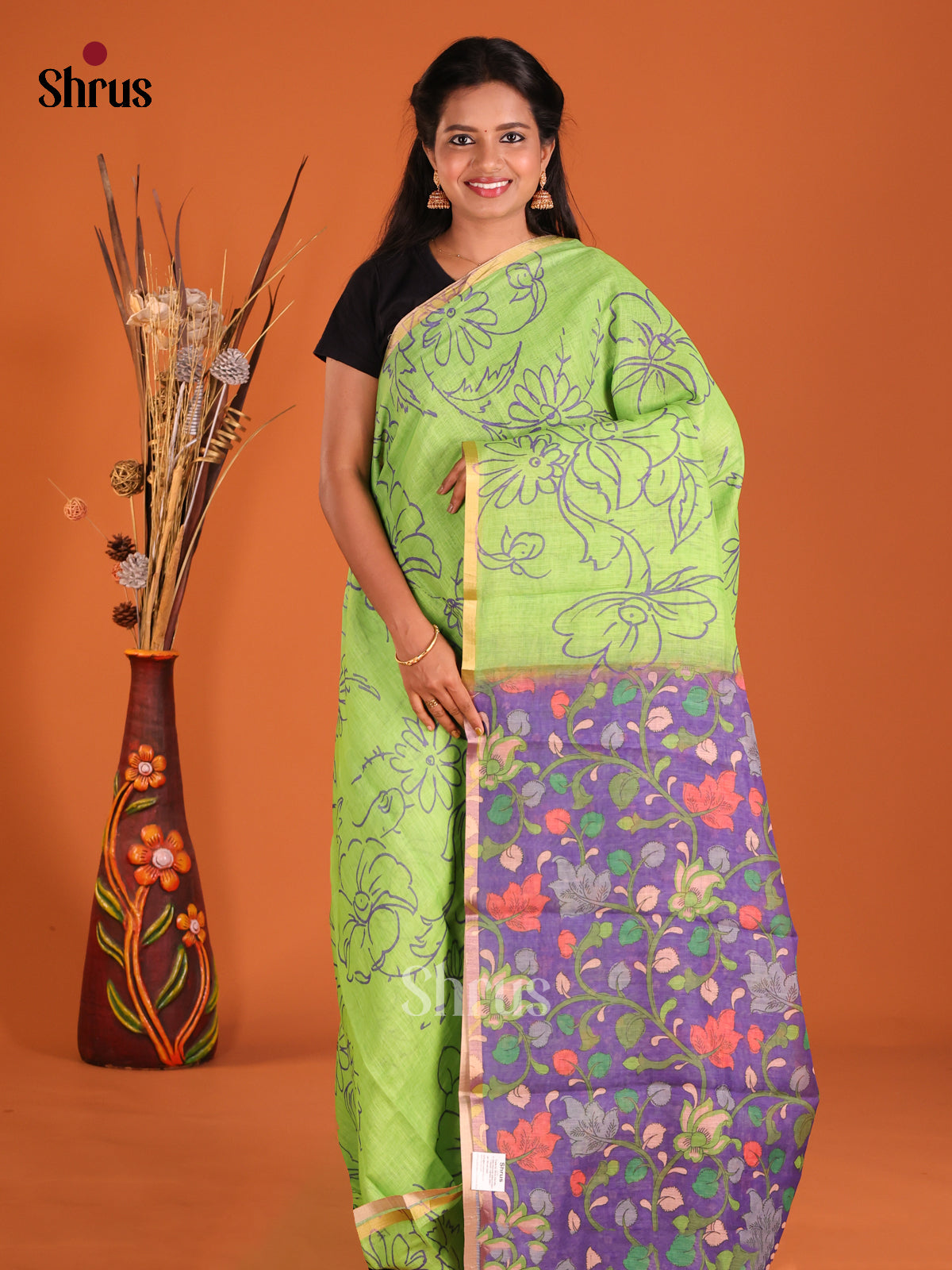 Green & Purple - Linen Cotton Saree - Shop on Shrus.com