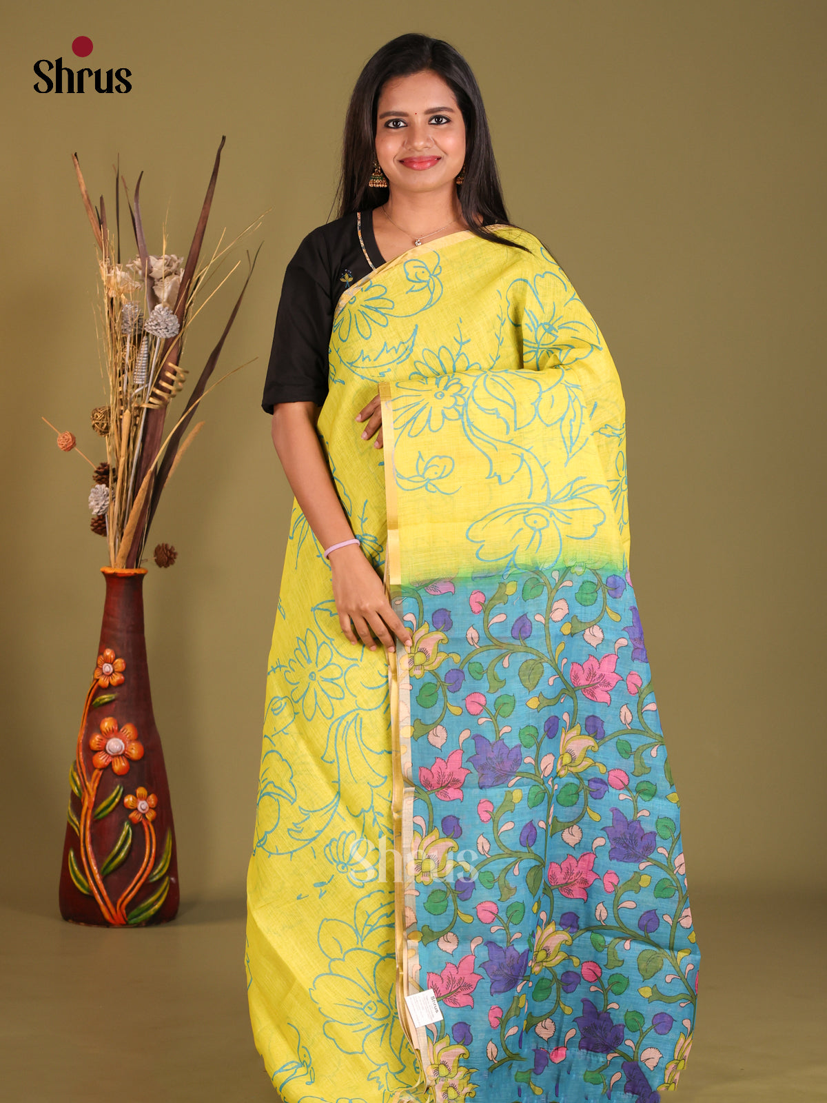Yellow & Blue - Linen Cotton Saree - Shop on Shrus.com