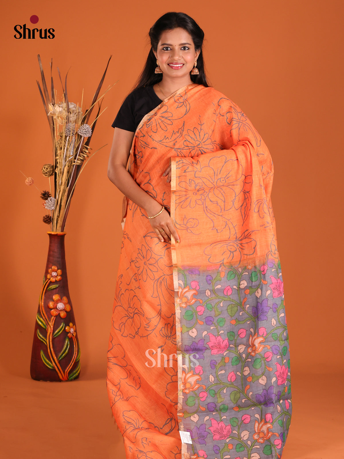 Orange & Grey - Linen Cotton Saree - Shop on Shrus.com