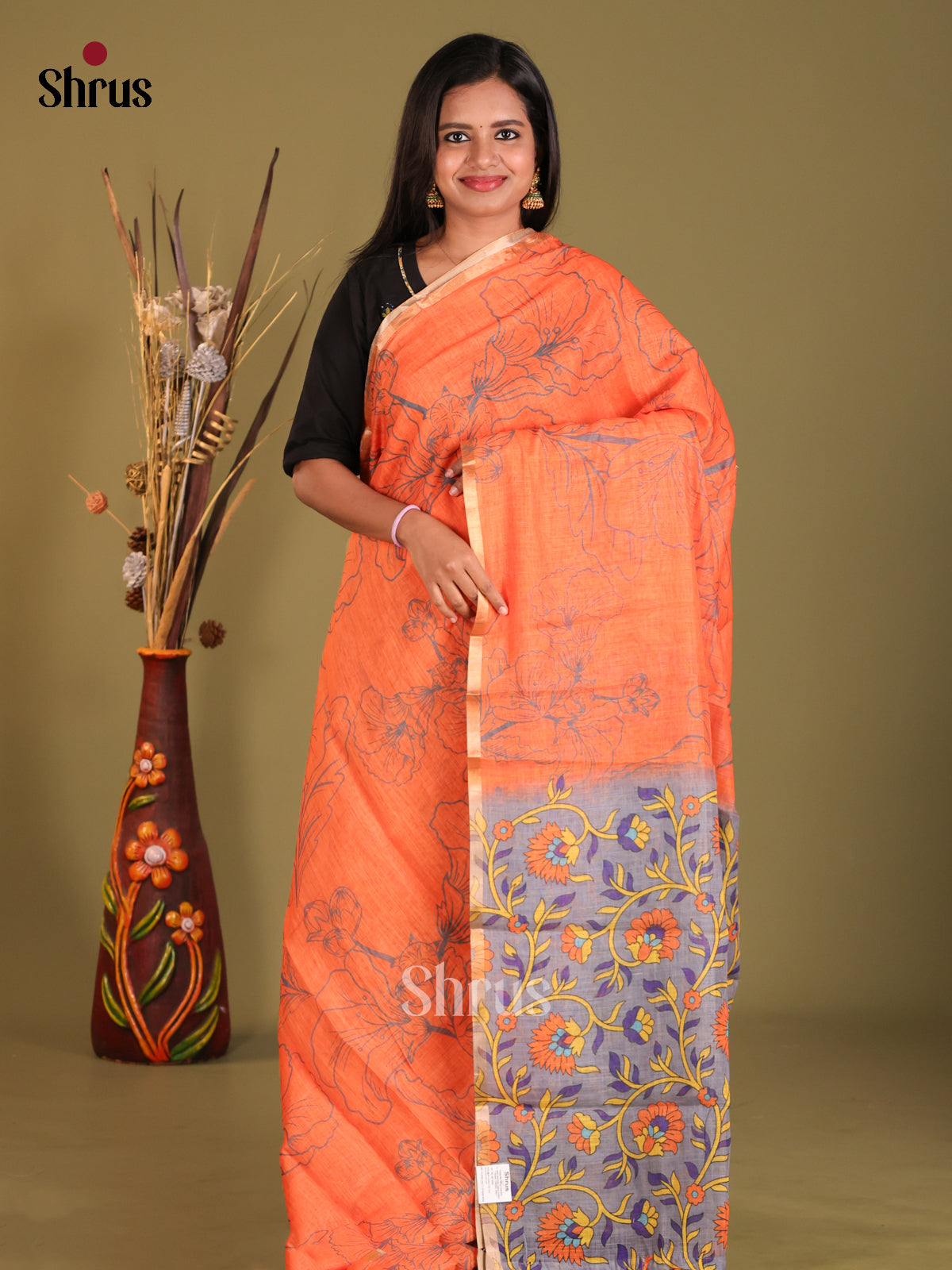 Orange & Grey - Linen Cotton Saree - Shop on Shrus.com