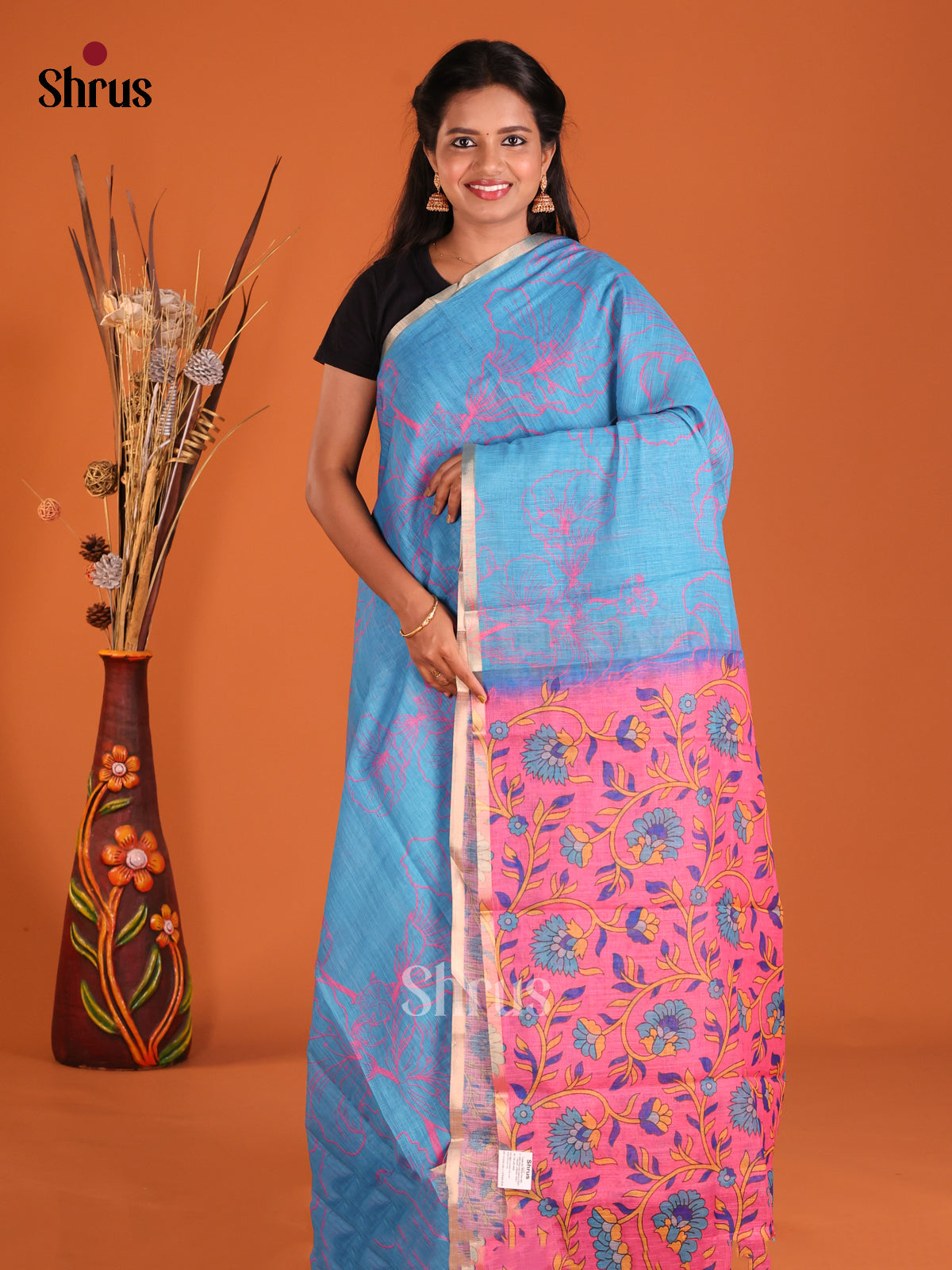 Blue & Pink- Linen Cotton Saree