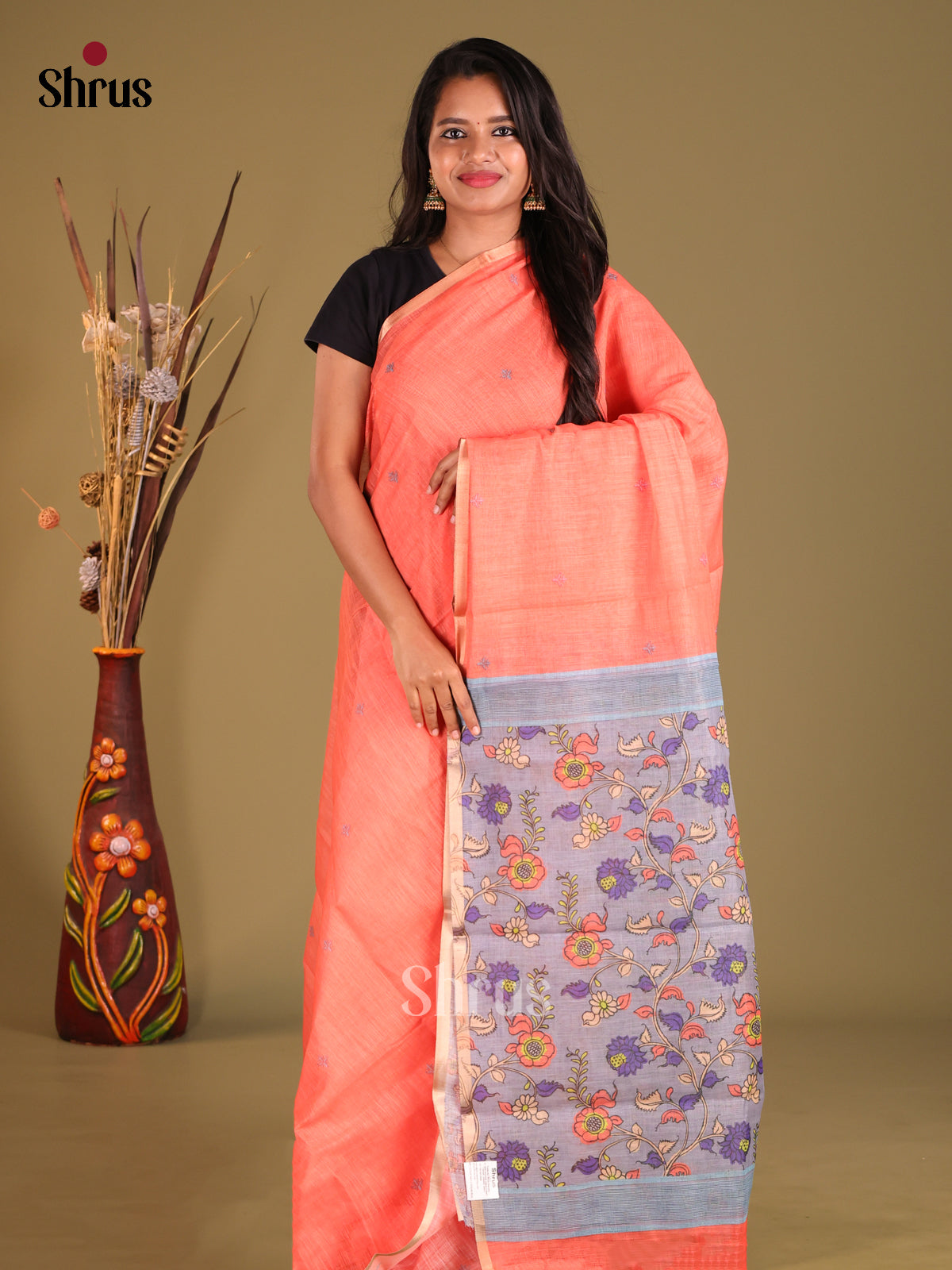 Peach & Grey - Linen Cotton Saree
