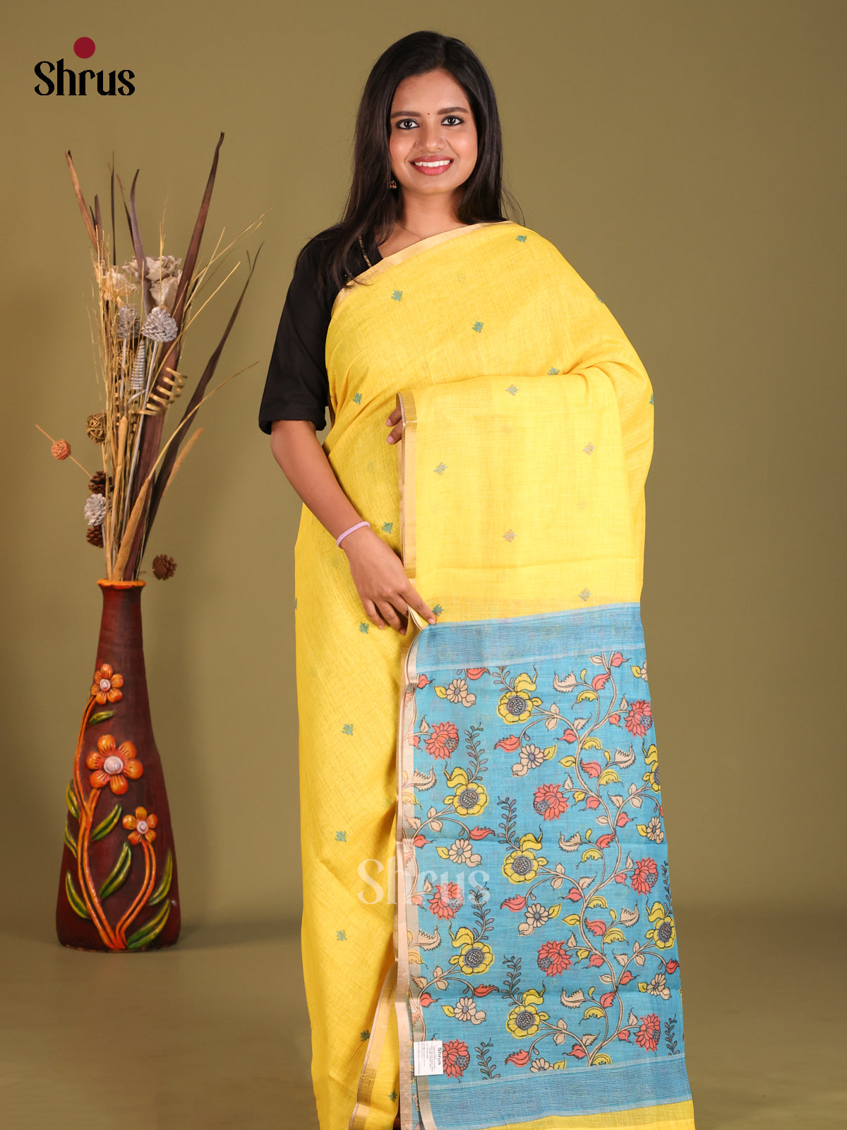 Yellow & blue - Linen Cotton Saree - Shop on Shrus.com
