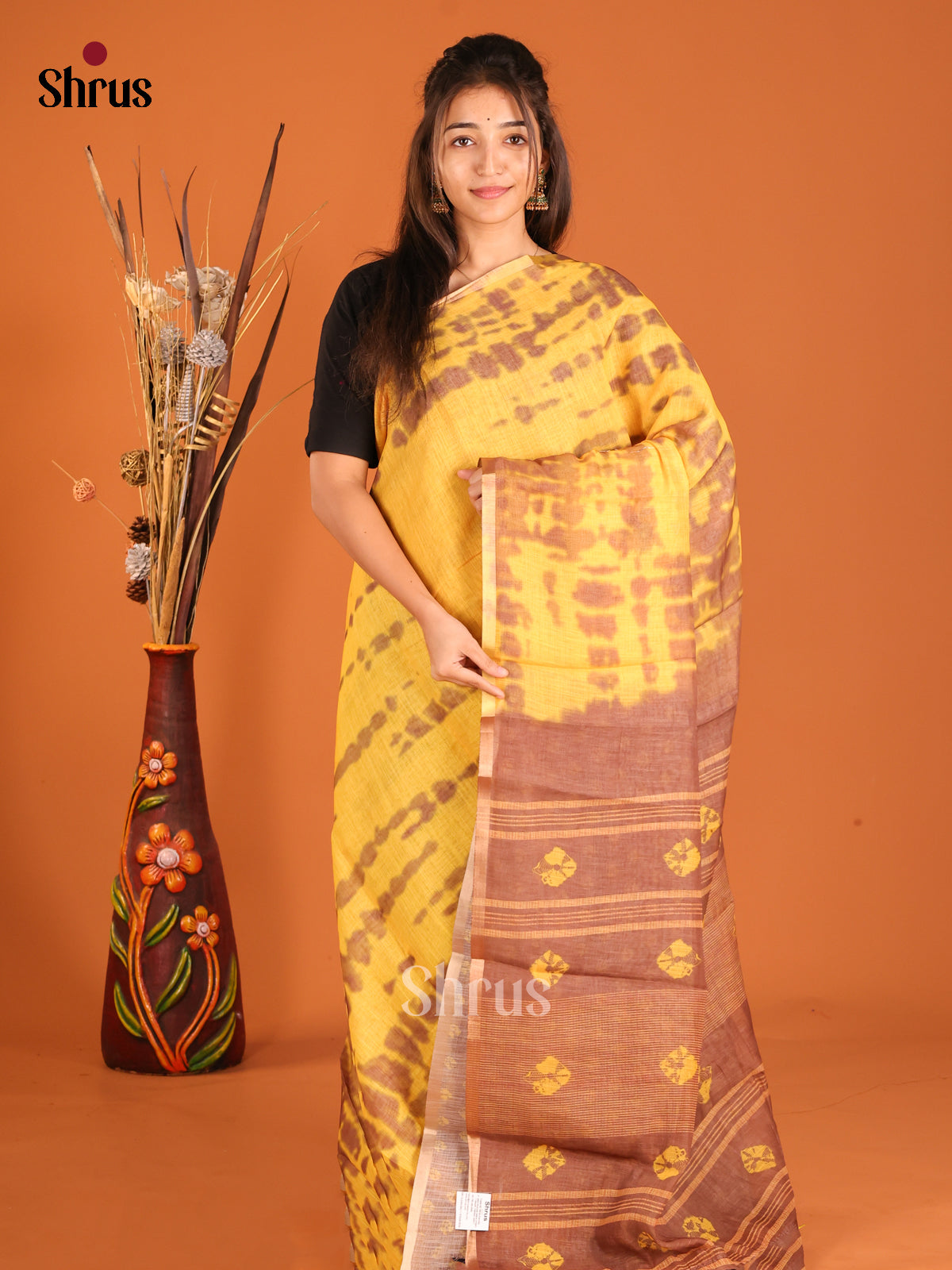Yellow & Brown - Linen Cotton Saree - Shop on Shrus.com