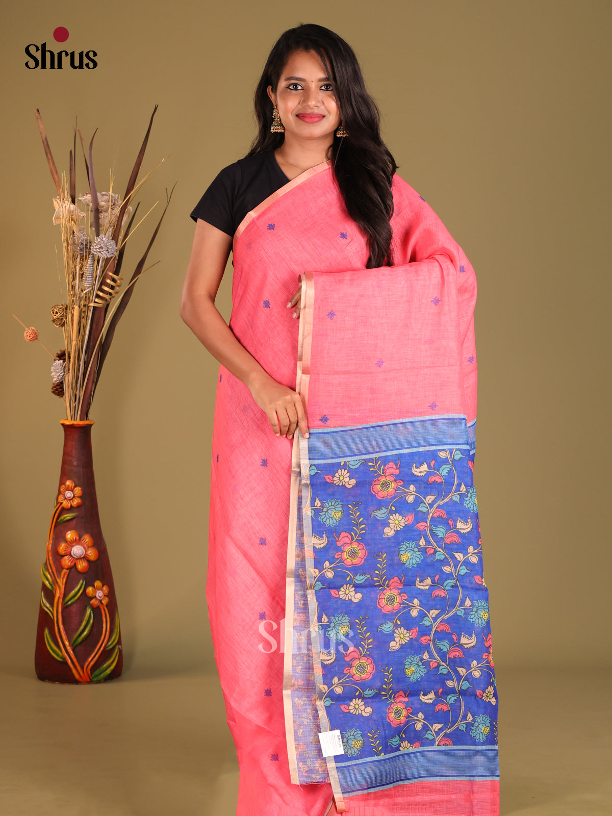 Pink & Blue- Linen Cotton Saree