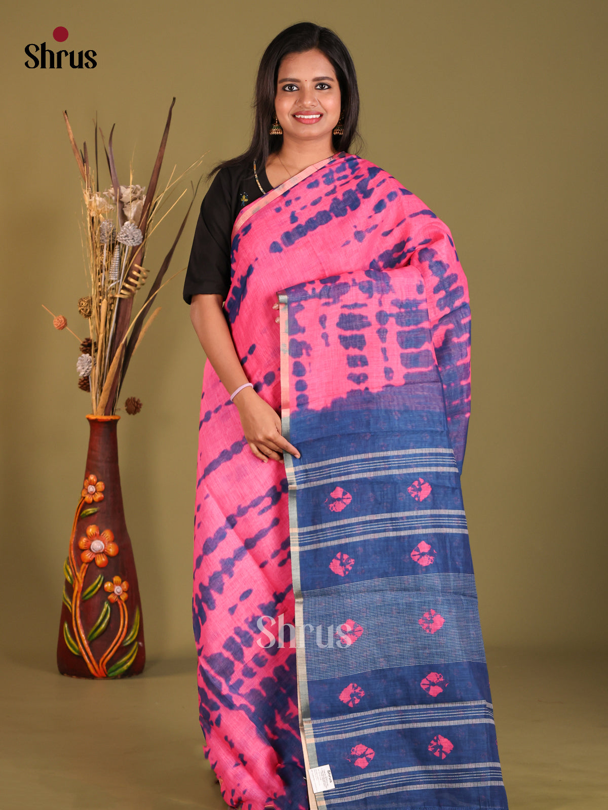 Pink & Blue - Linen Cotton Saree - Shop on Shrus.com