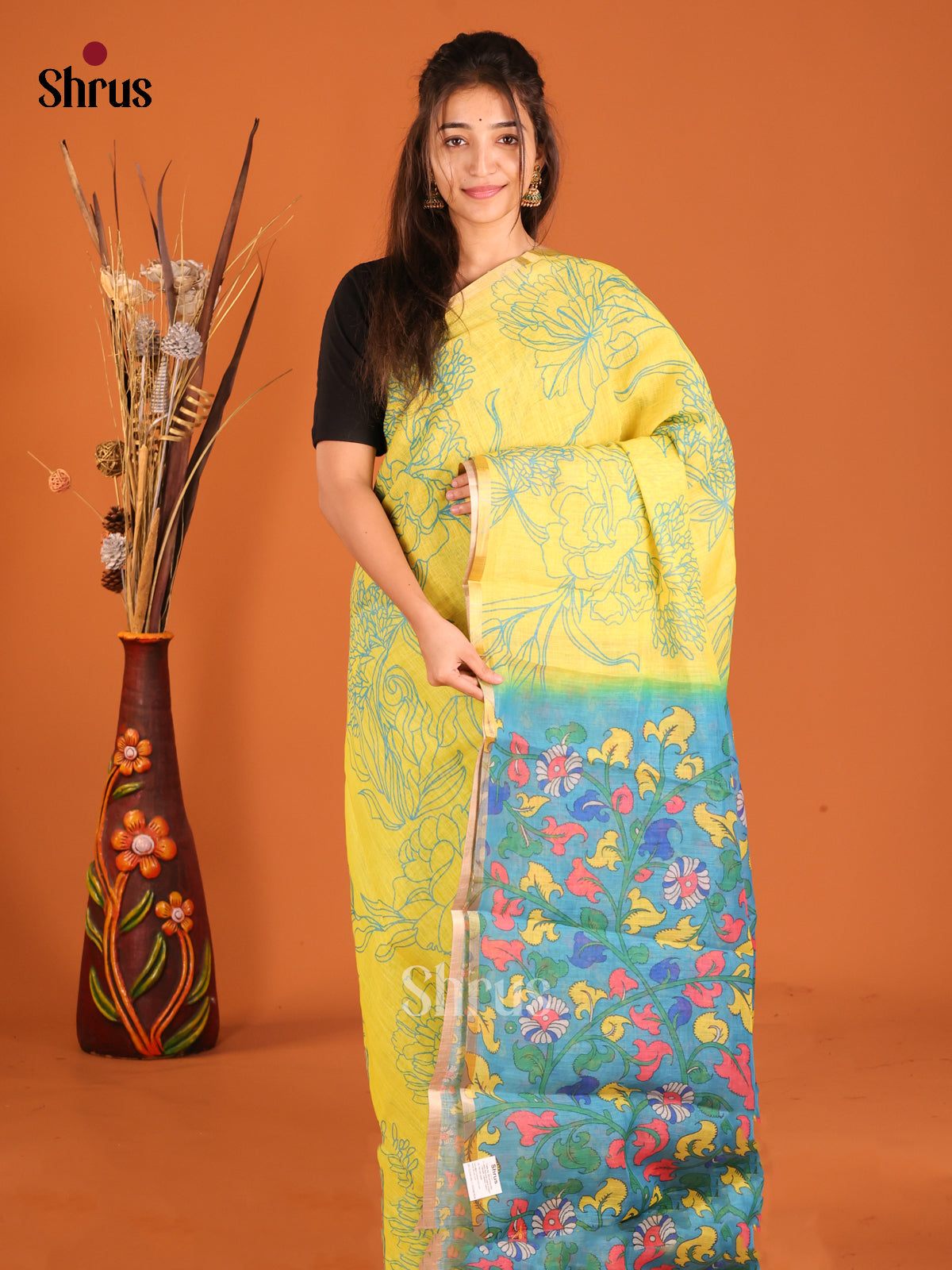 Yellow & Blue - Linen Cotton Saree - Shop on Shrus.com