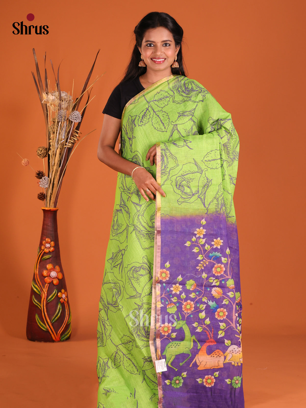 Green & Purple - Linen Cotton Saree - Shop on Shrus.com