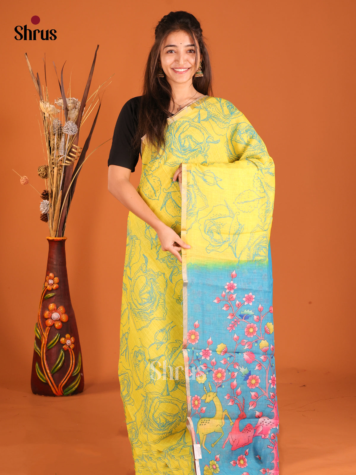 Yellow & Blue - Linen Cotton Saree - Shop on Shrus.com