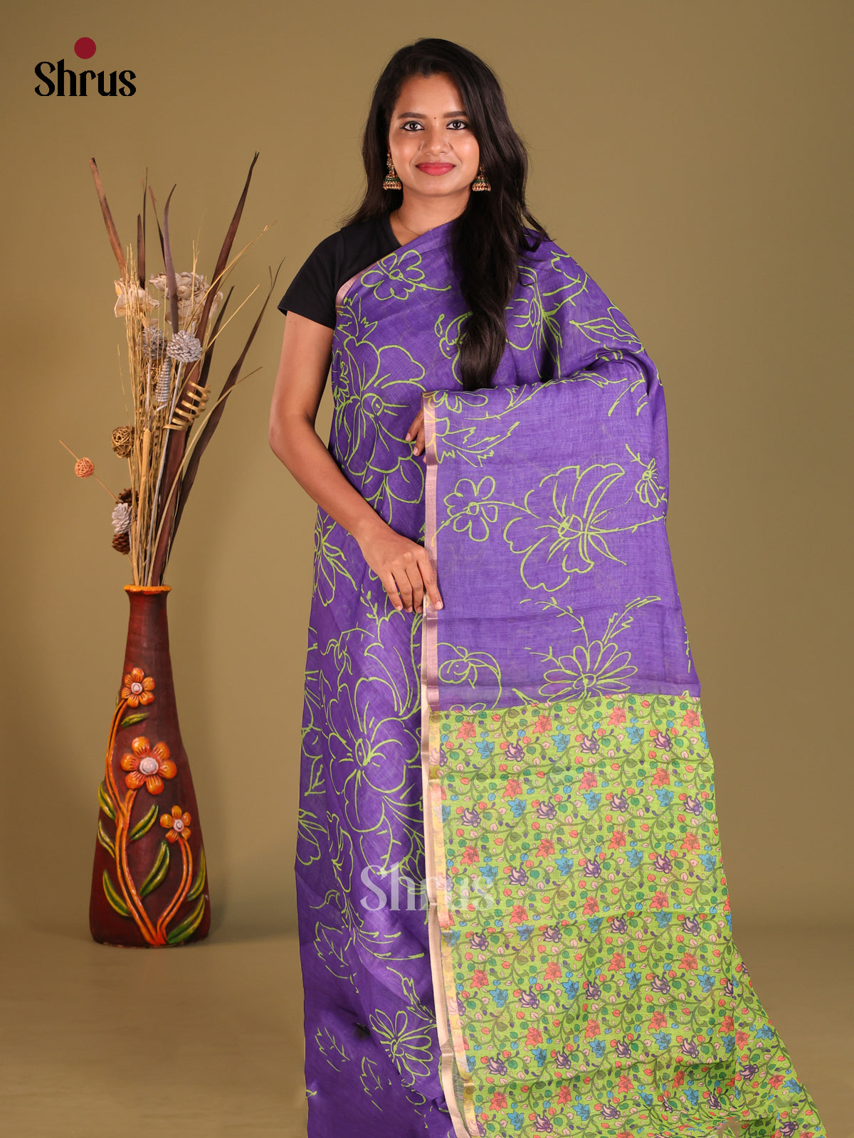 Purple & Green- Linen Cotton Saree