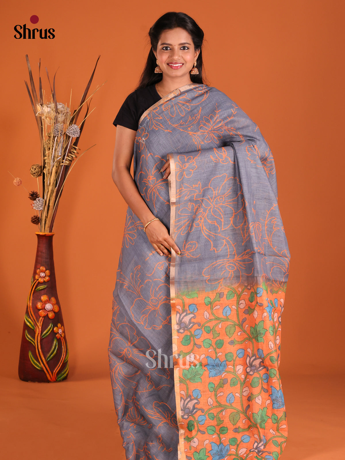 Grey & Orange - Linen Cotton Saree