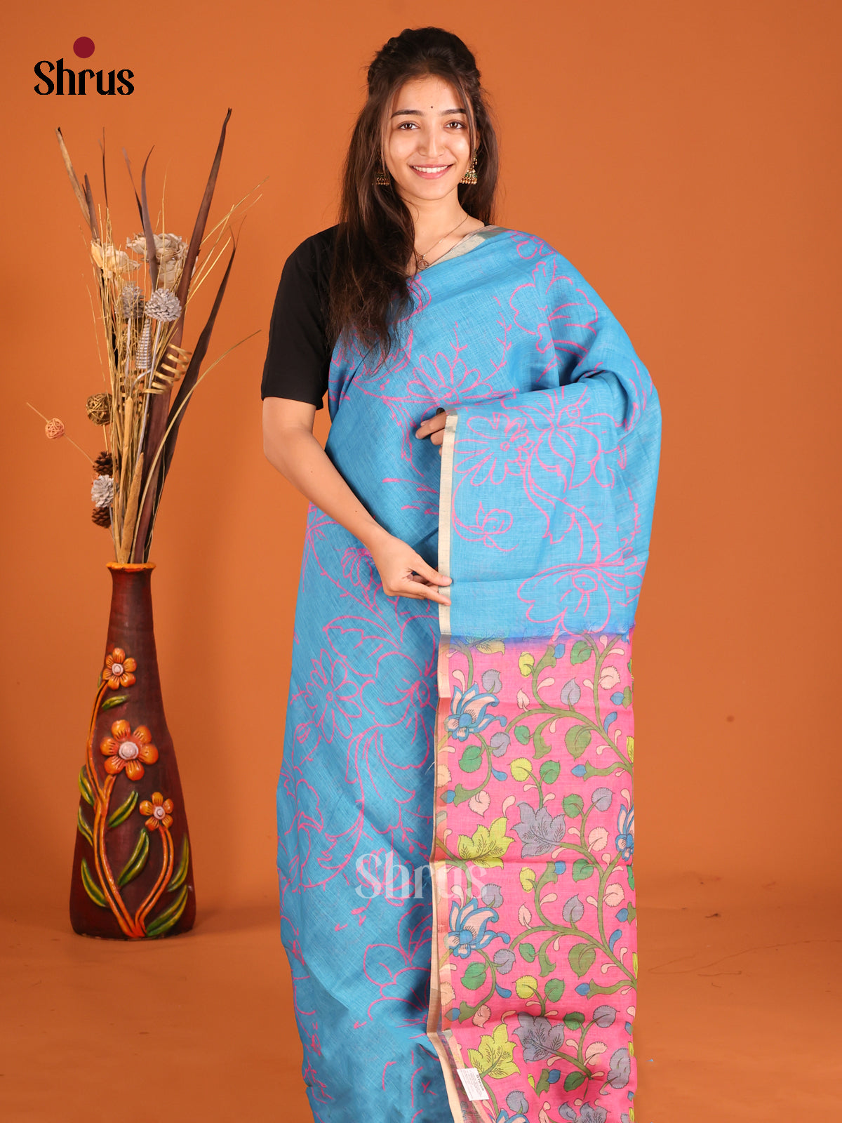 Blue & Pink - Linen Cotton Saree